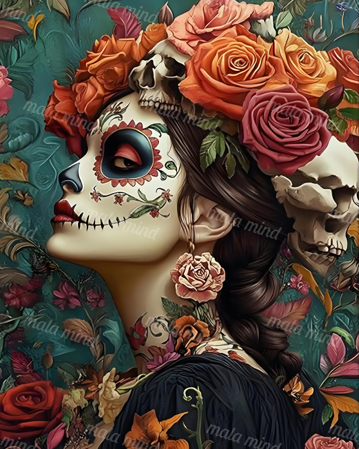 Sugar-skull woman with braided hair surrounded by colorful roses, foliage, and human skulls — 02_master_artwork