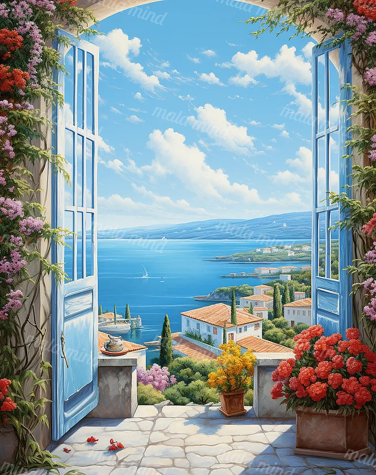 Blue-shuttered window framed by flowers overlooking a Mediterranean village, blue sea, hills, and boats — 02_master_artwork