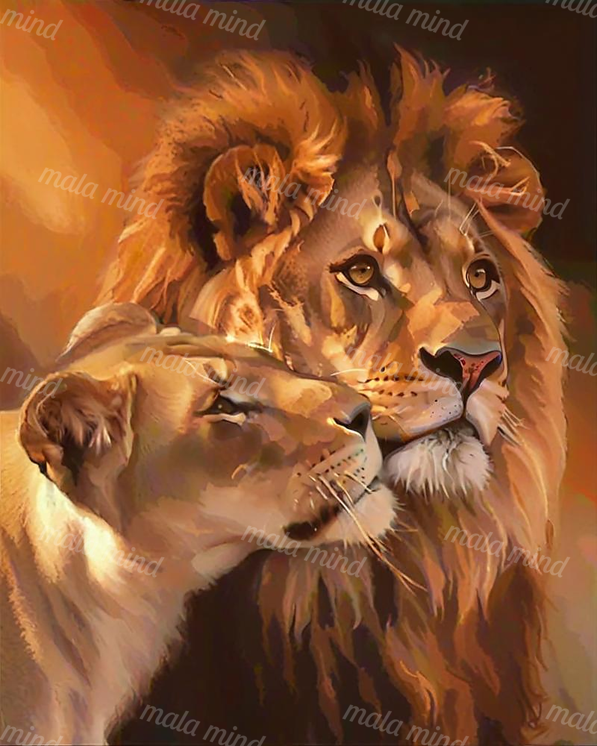 Close-up digital painting of an adult male lion and young lion with overlapping faces and a flowing mane. — 02_master_artwork
