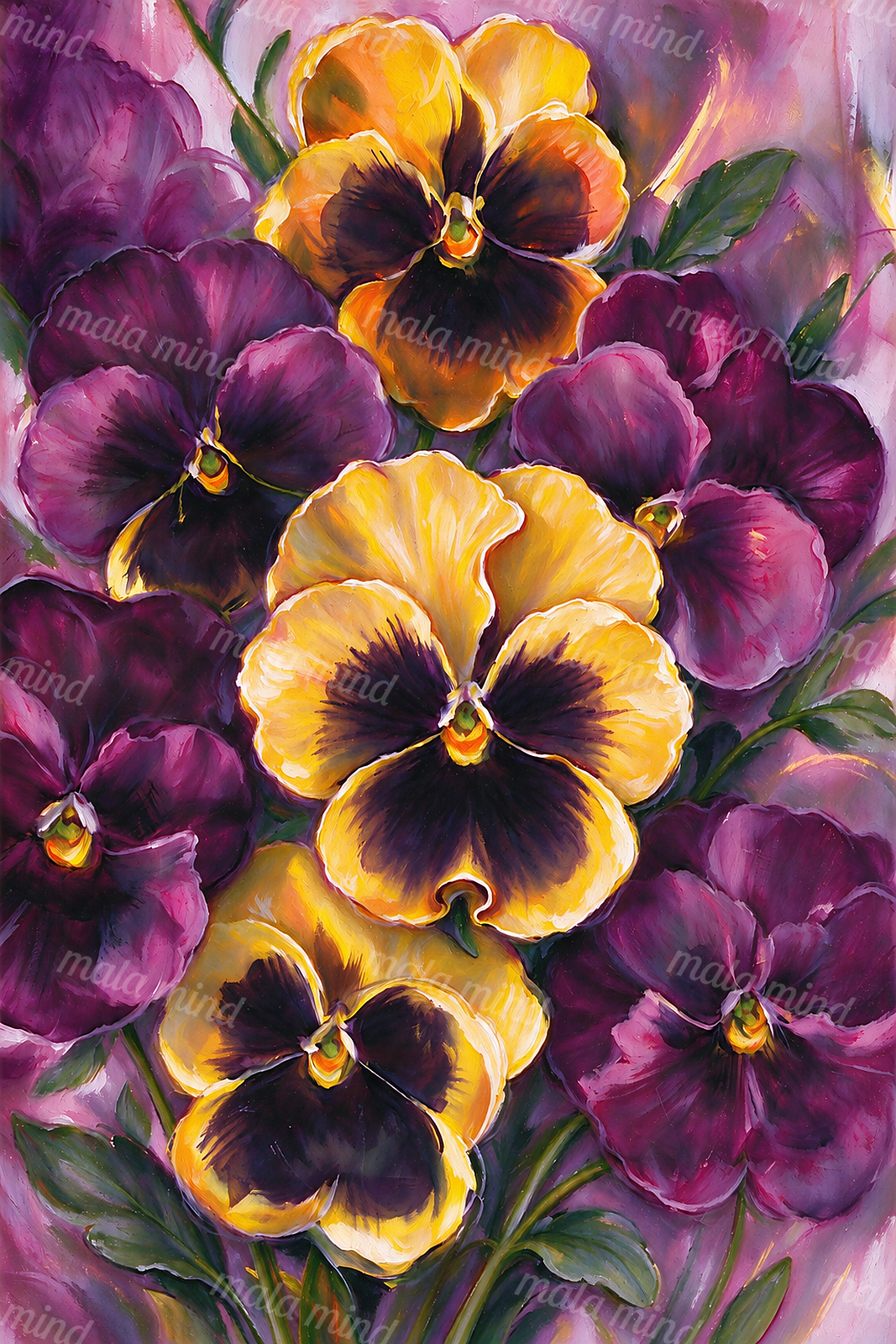 Painterly close-up of purple and golden pansies with green foliage on a pink-lavender background — 02_master_artwork