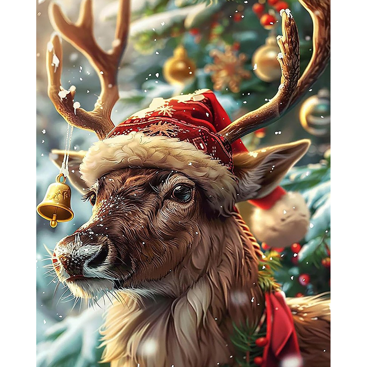 MalaMind Gallery V3 | 02 Master Artwork | CH-260922-009 | Detailed reindeer wearing a Santa hat and scarf beside a decorated evergreen in falling snow