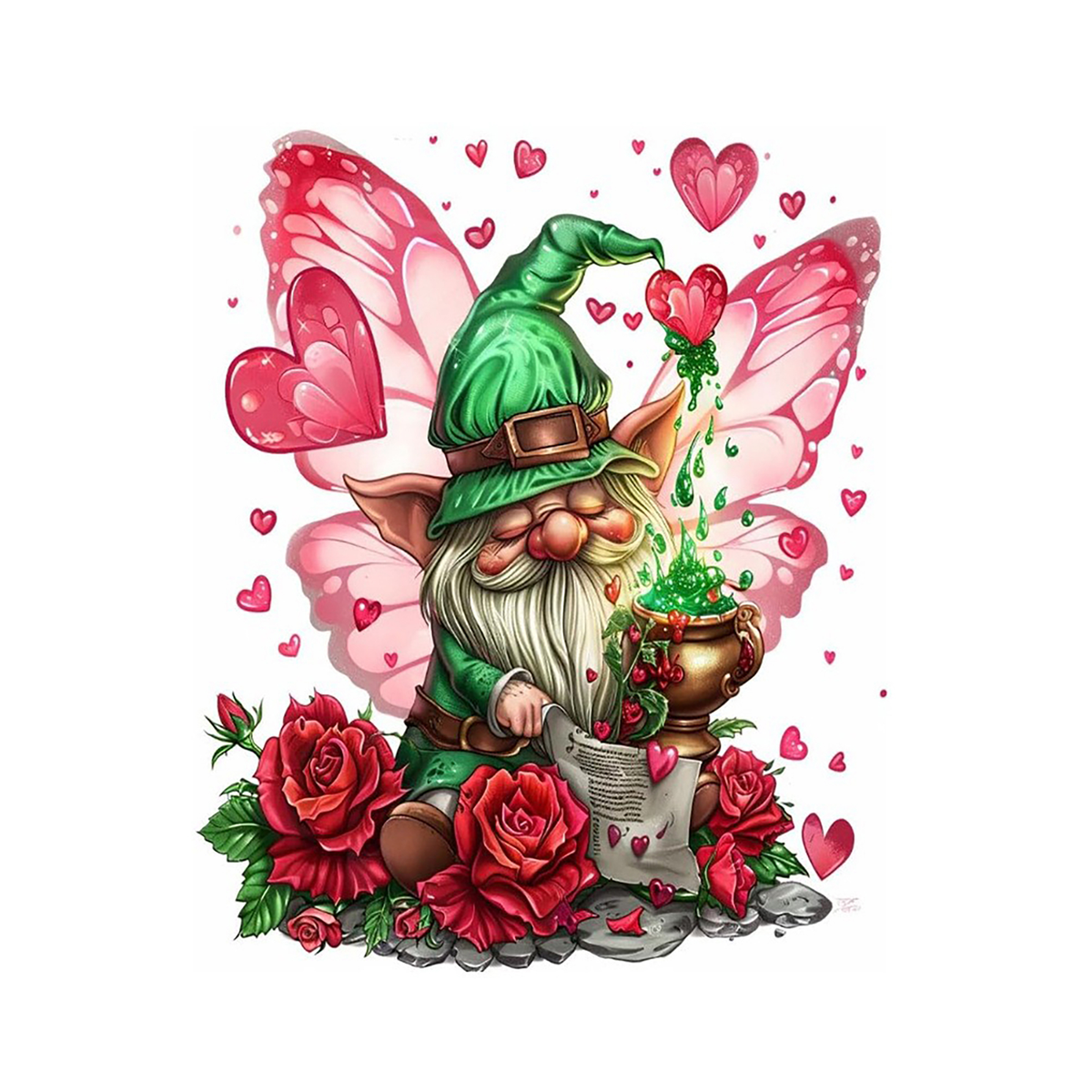 Bearded green-hatted gnome with pink butterfly wings, roses, a scroll, hearts, and a golden pot