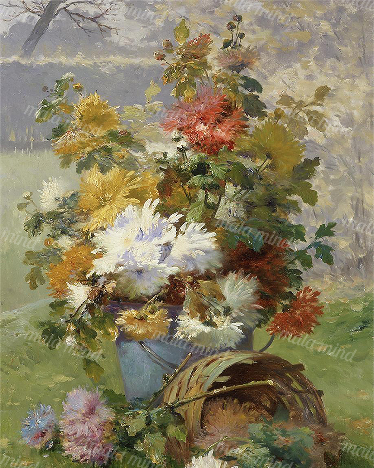 Impressionist painting of a multicolored chrysanthemum bouquet in a blue-gray vase above a woven basket. — 02_master_artwork