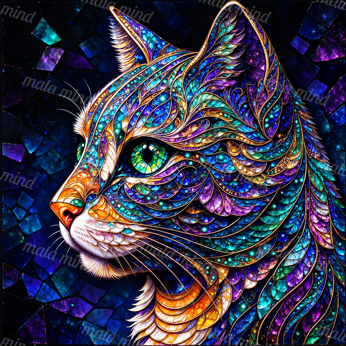 Ornate stained-glass bird head with colorful layered feathers, green-blue eye, orange beak, and mosaic background — 02_master_artwork