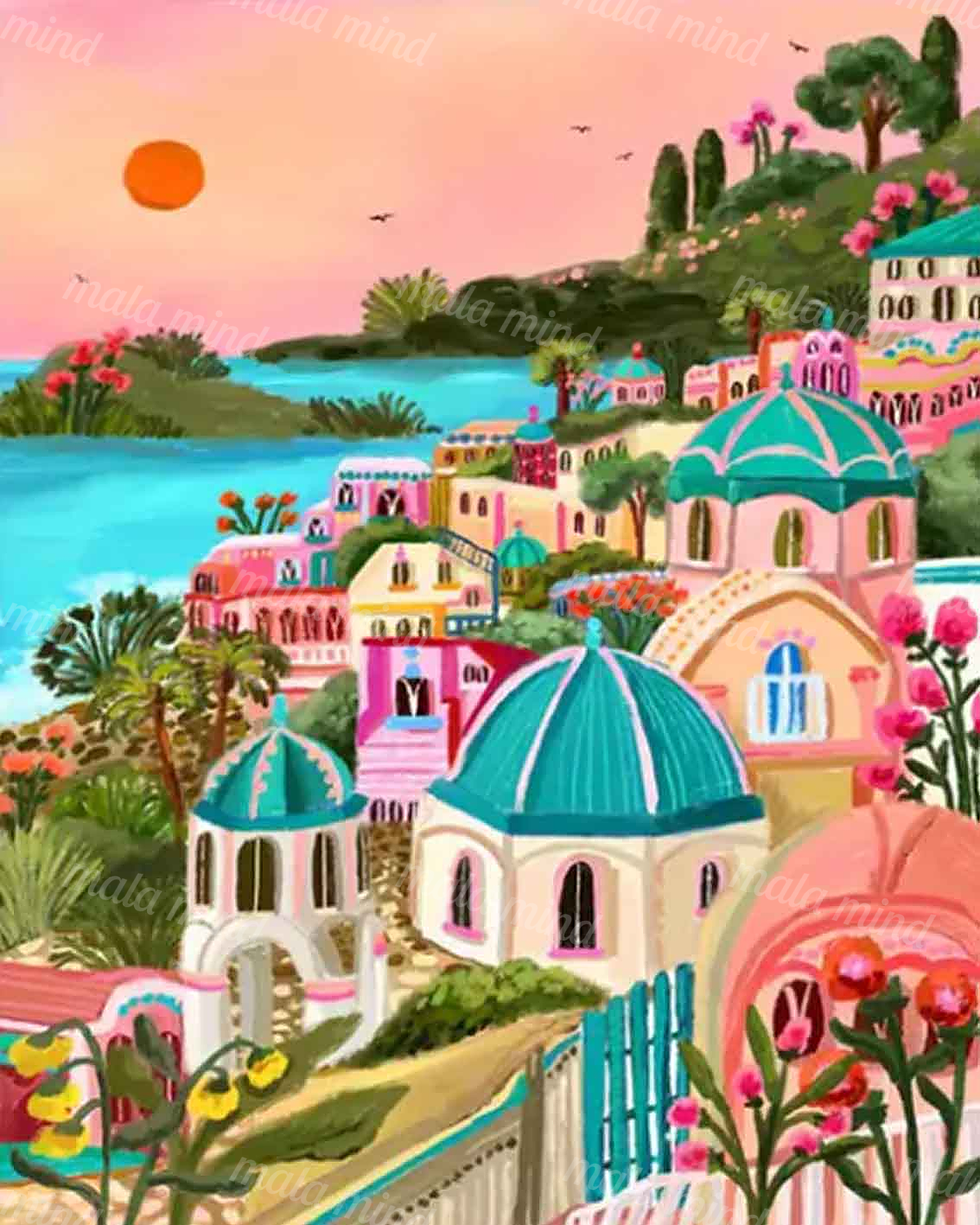 Colorful seaside village with turquoise domes, pastel houses, tropical plants, blue water, and a pink sky — 02_master_artwork