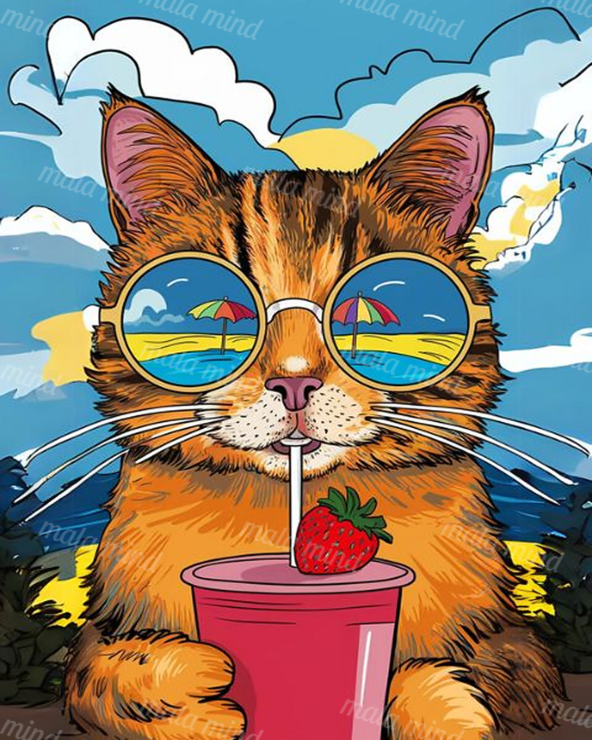 Orange tabby cat in blue sunglasses sipping a pink strawberry drink against a beach scene — 02_master_artwork