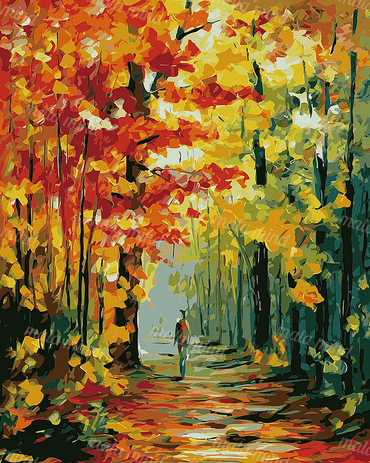 Painterly autumn forest path framed by colorful trees, with a small figure walking in the distance. — 02_master_artwork