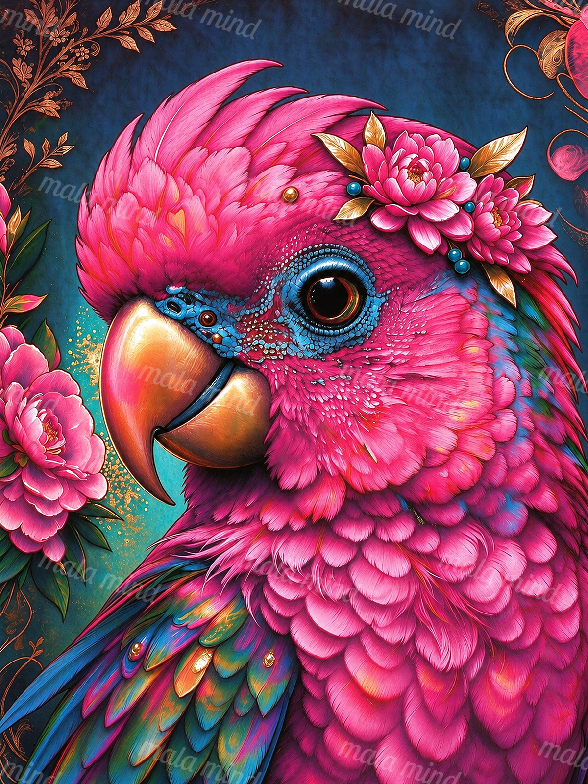 Bright pink parrot with a large beak, blue feathers, pink flowers, and golden foliage — 02_master_artwork