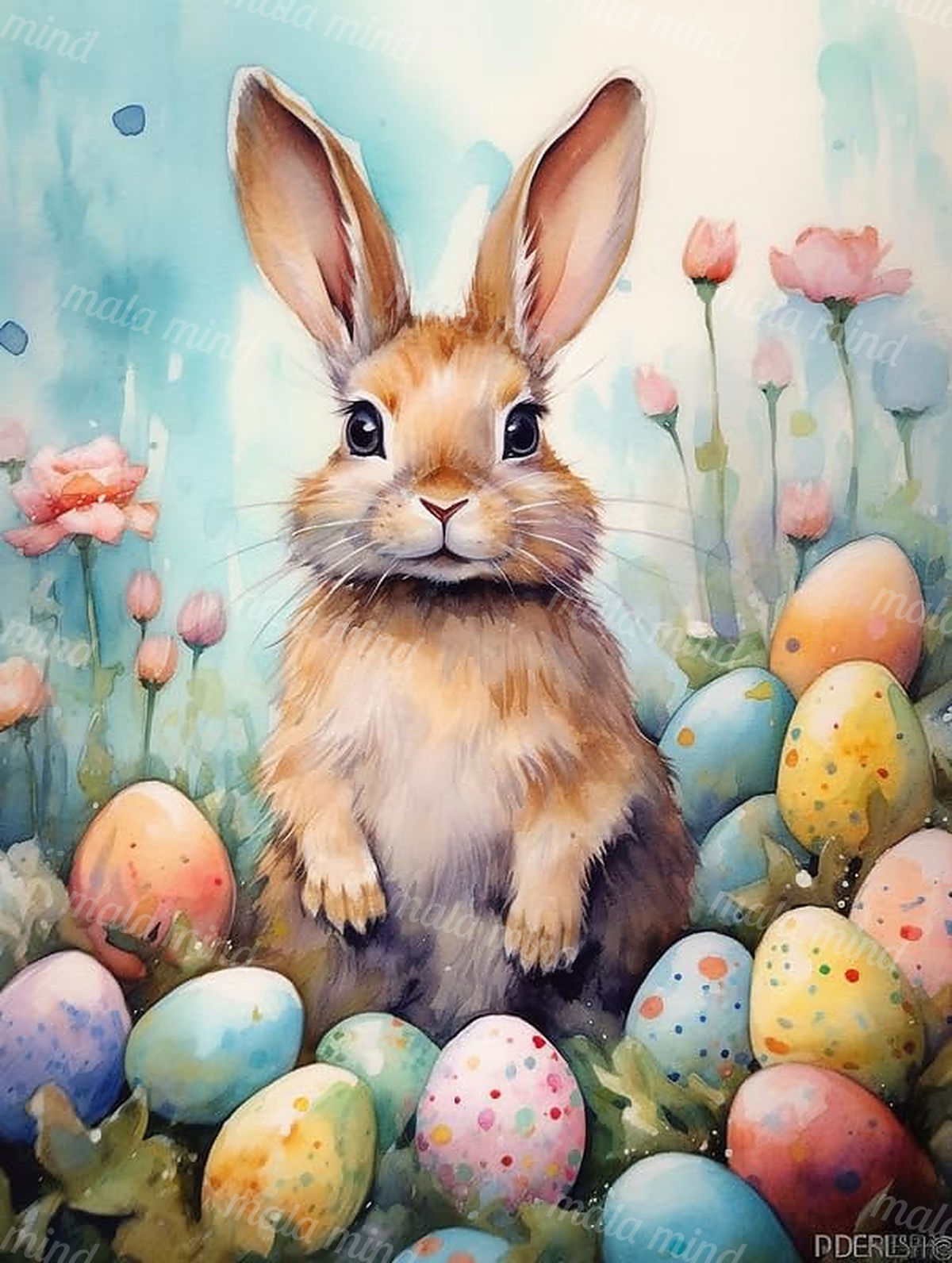 Watercolor brown rabbit surrounded by pastel decorated eggs, pink flowers, and green foliage. — 02_master_artwork