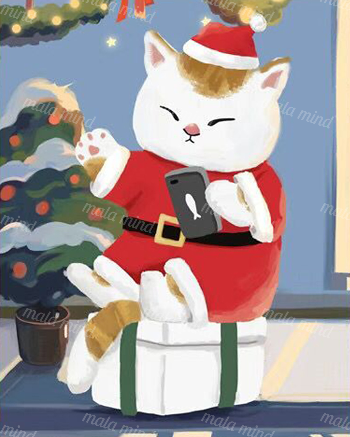 White cat in a Santa suit holding a smartphone beside a decorated Christmas tree — 02_master_artwork
