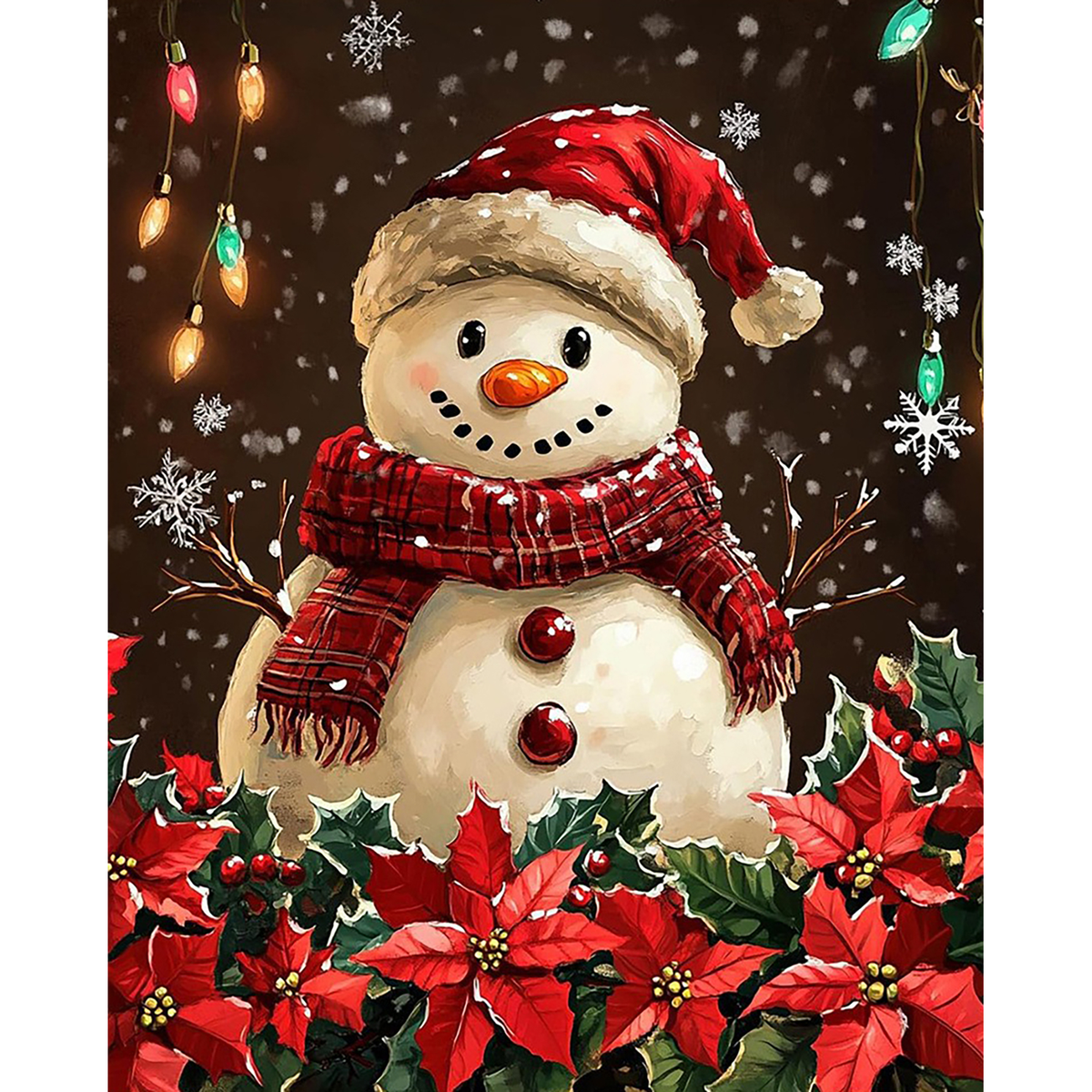 MalaMind Gallery V3 | 02 Master Artwork | CH-260921-069 | Smiling snowman in a Santa hat and red scarf surrounded by poinsettias, holly, lights, and snowflakes
