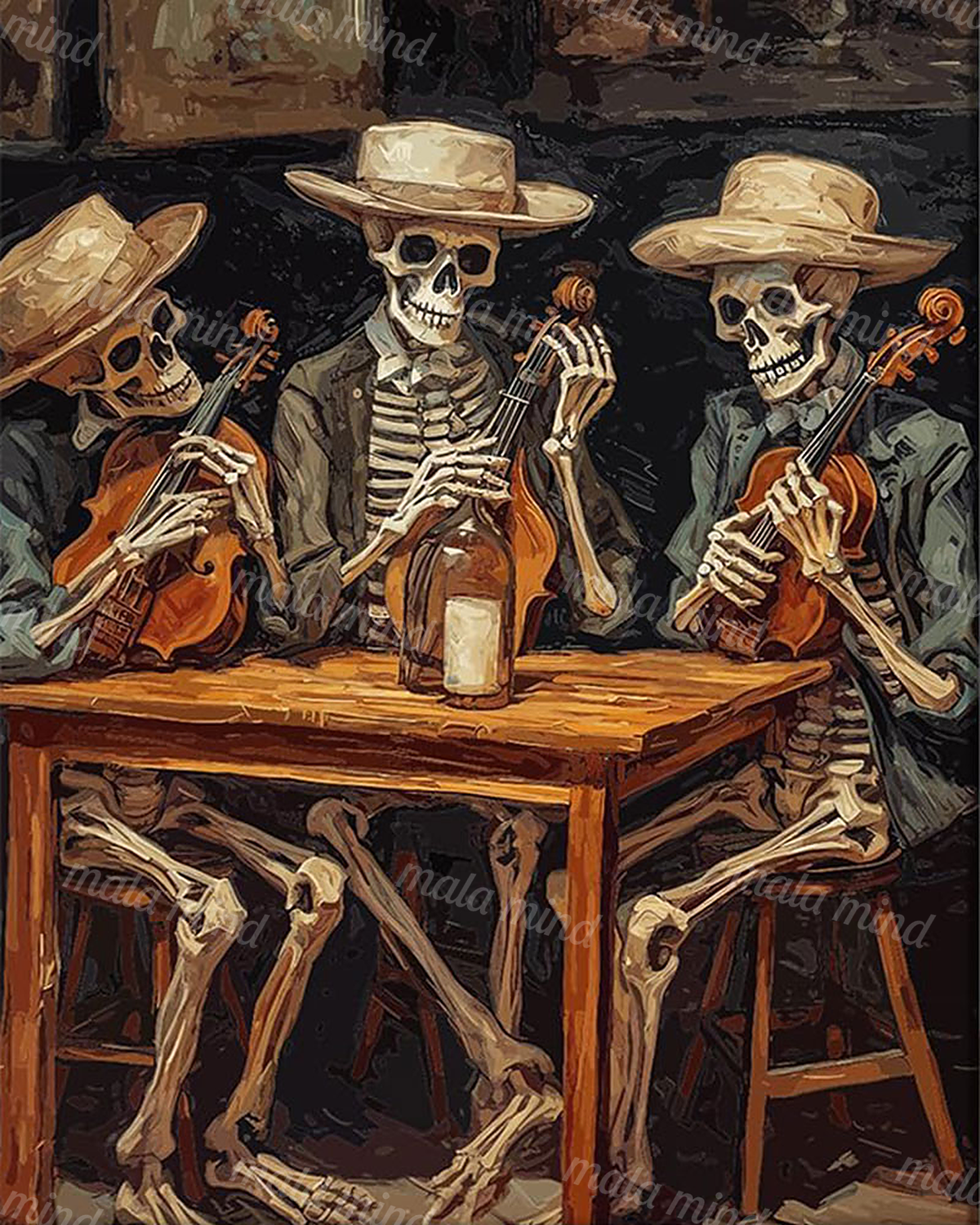 Three cowboy-hatted skeletons play bowed string instruments around a wooden table. — 02_master_artwork