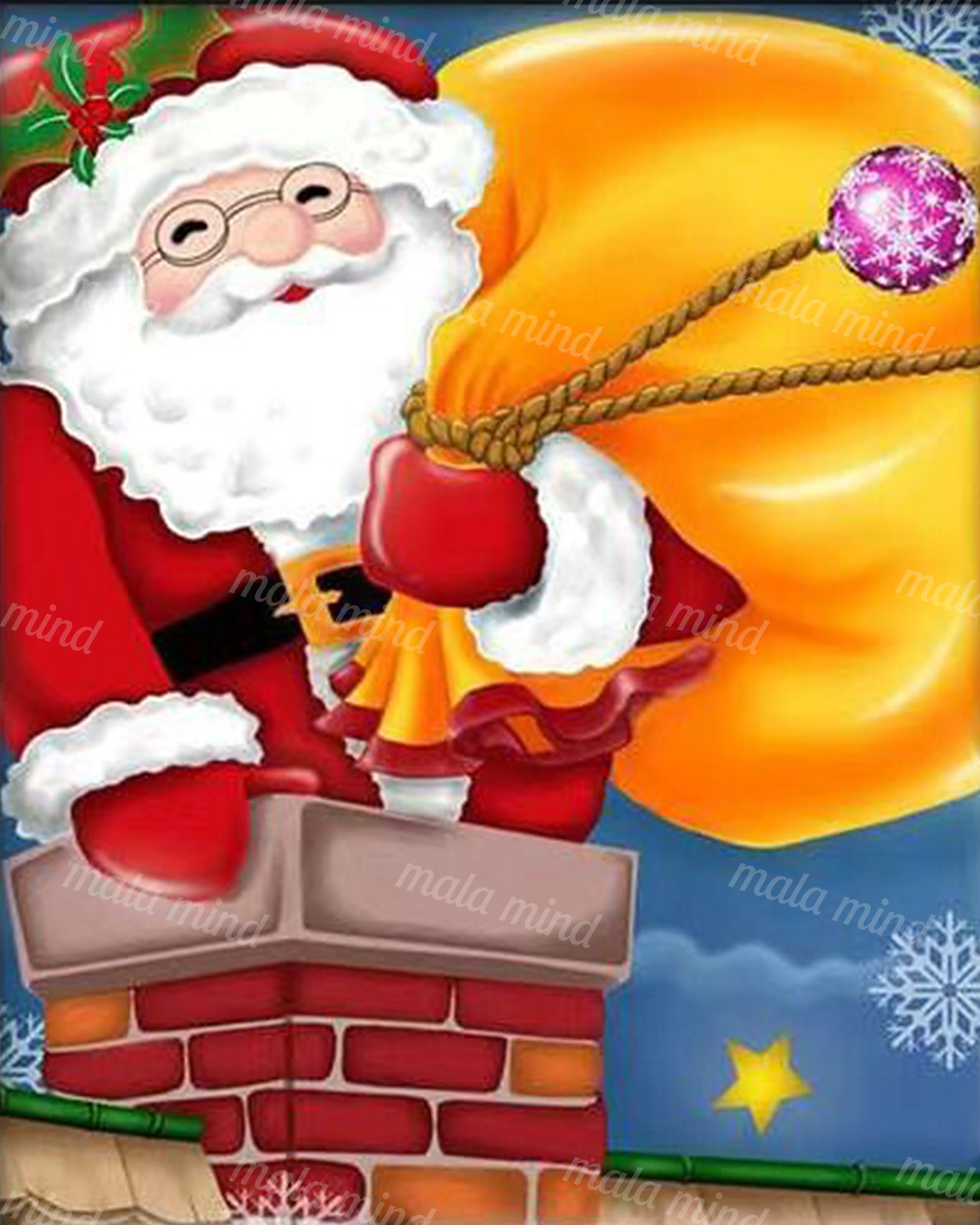 Cartoon Santa emerging from a brick chimney beside a large orange sack beneath a snowy blue sky. — 02_master_artwork