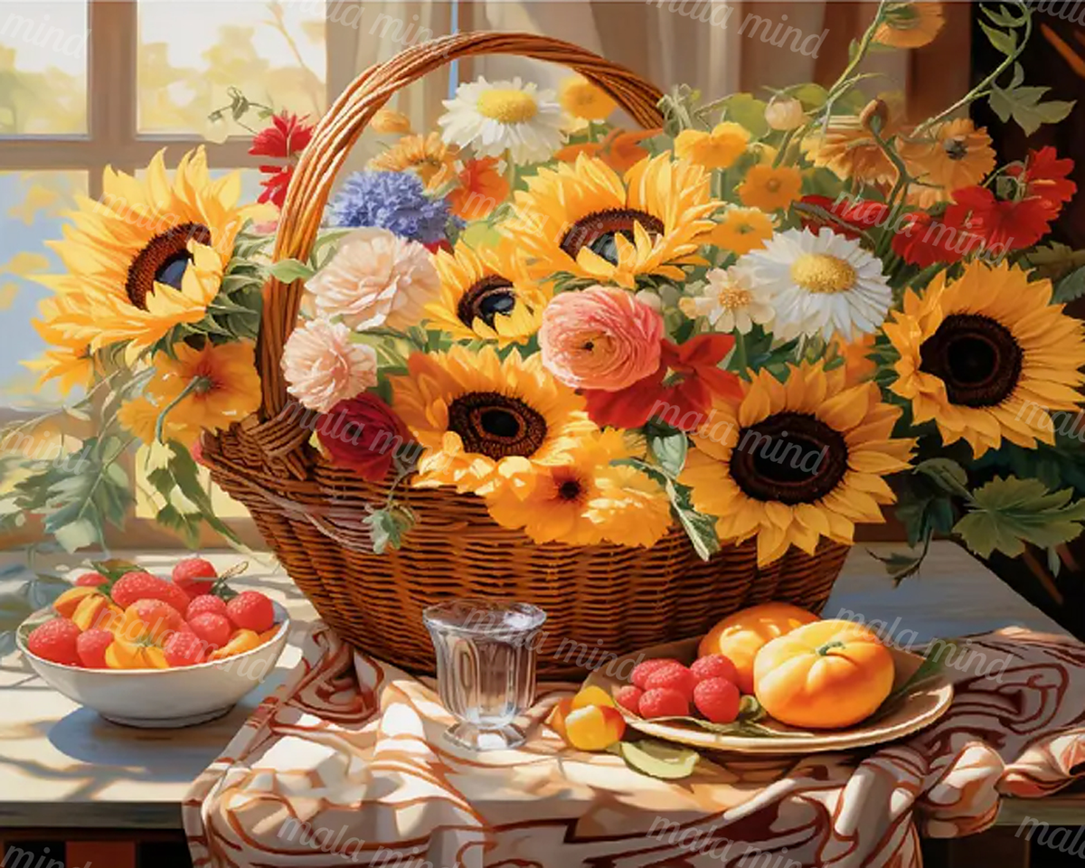 Painterly still life of a sunflower-filled wicker basket beside bowls and plates of fruit by a window — 02_master_artwork