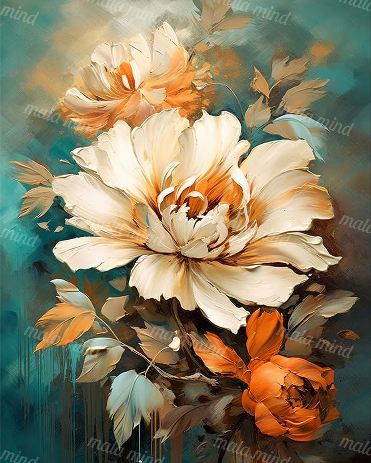 Painterly cream and orange flowers with foliage against a textured teal background — 02_master_artwork