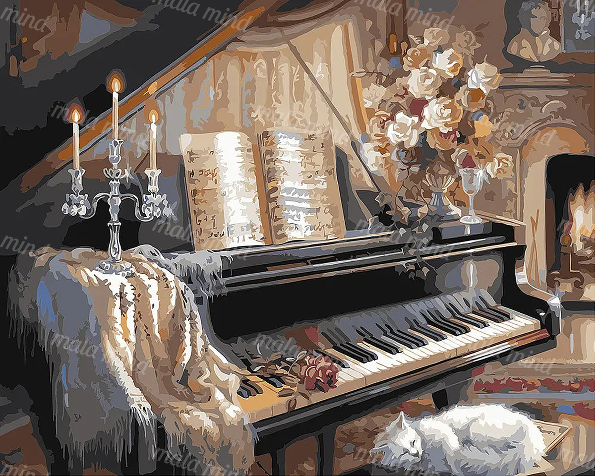 Vintage upright piano with sheet music, candles, flowers, fireplace, and a white cat — 02_master_artwork