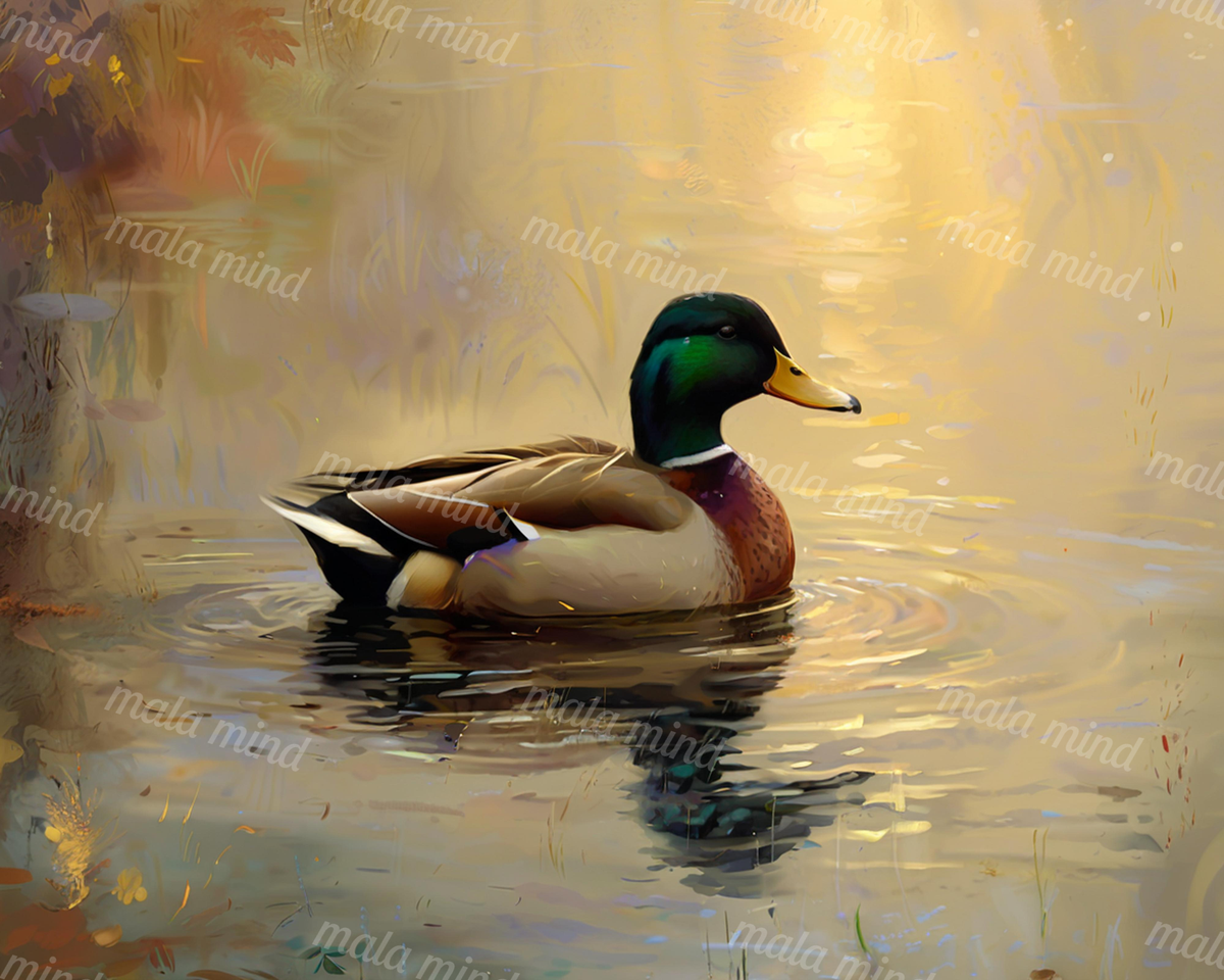 Painterly mallard duck with green head floating on rippling pond water beside shoreline reeds — 02_master_artwork