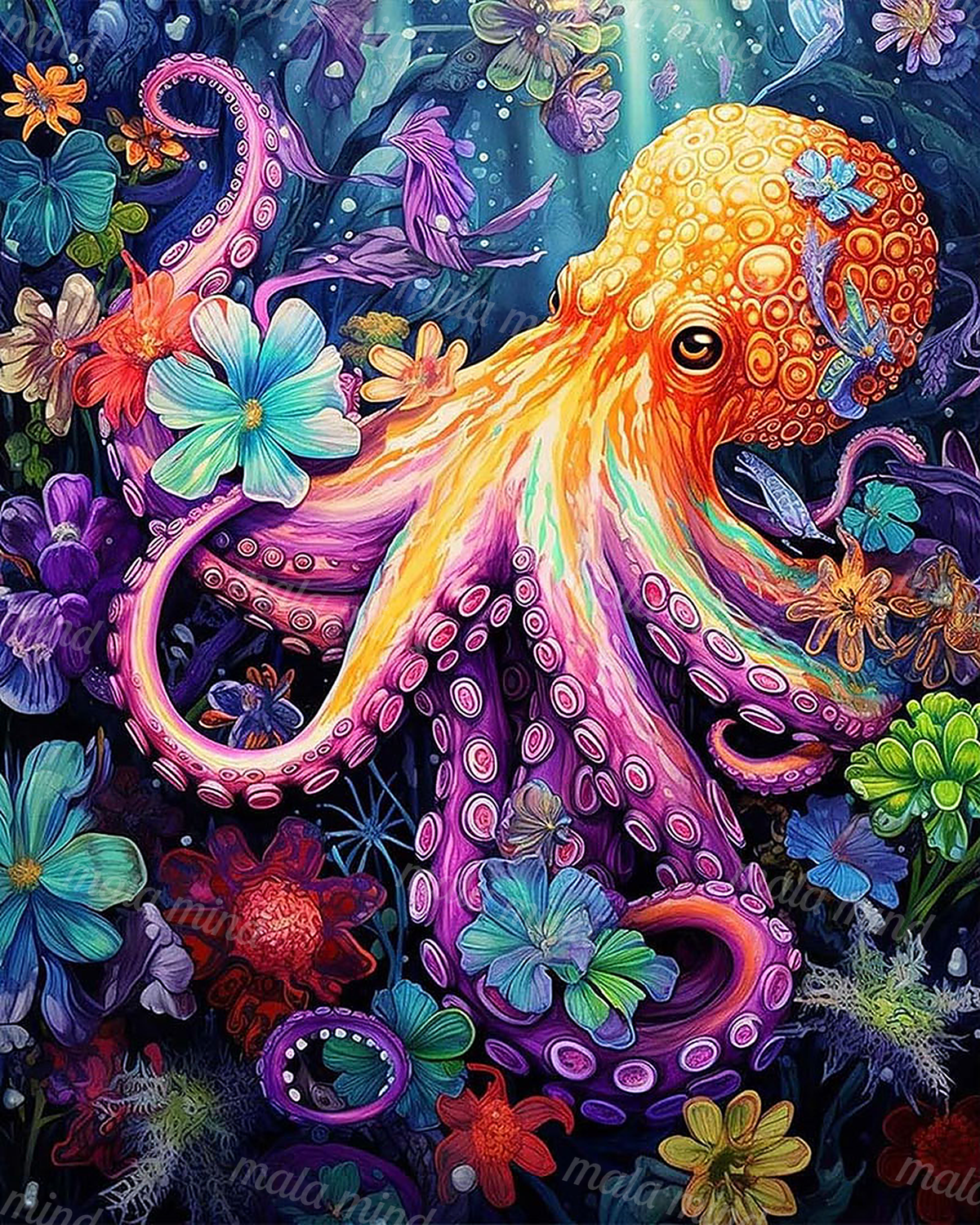 Colorful orange and purple octopus surrounded by bright underwater flowers and dark foliage — 02_master_artwork
