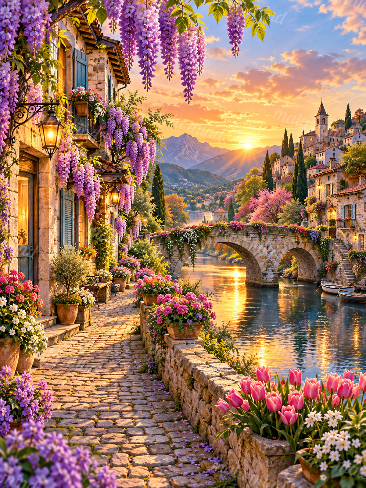 Flower-filled riverside village with stone bridge, mountain sunset, wisteria, and colorful gardens — 02_master_artwork