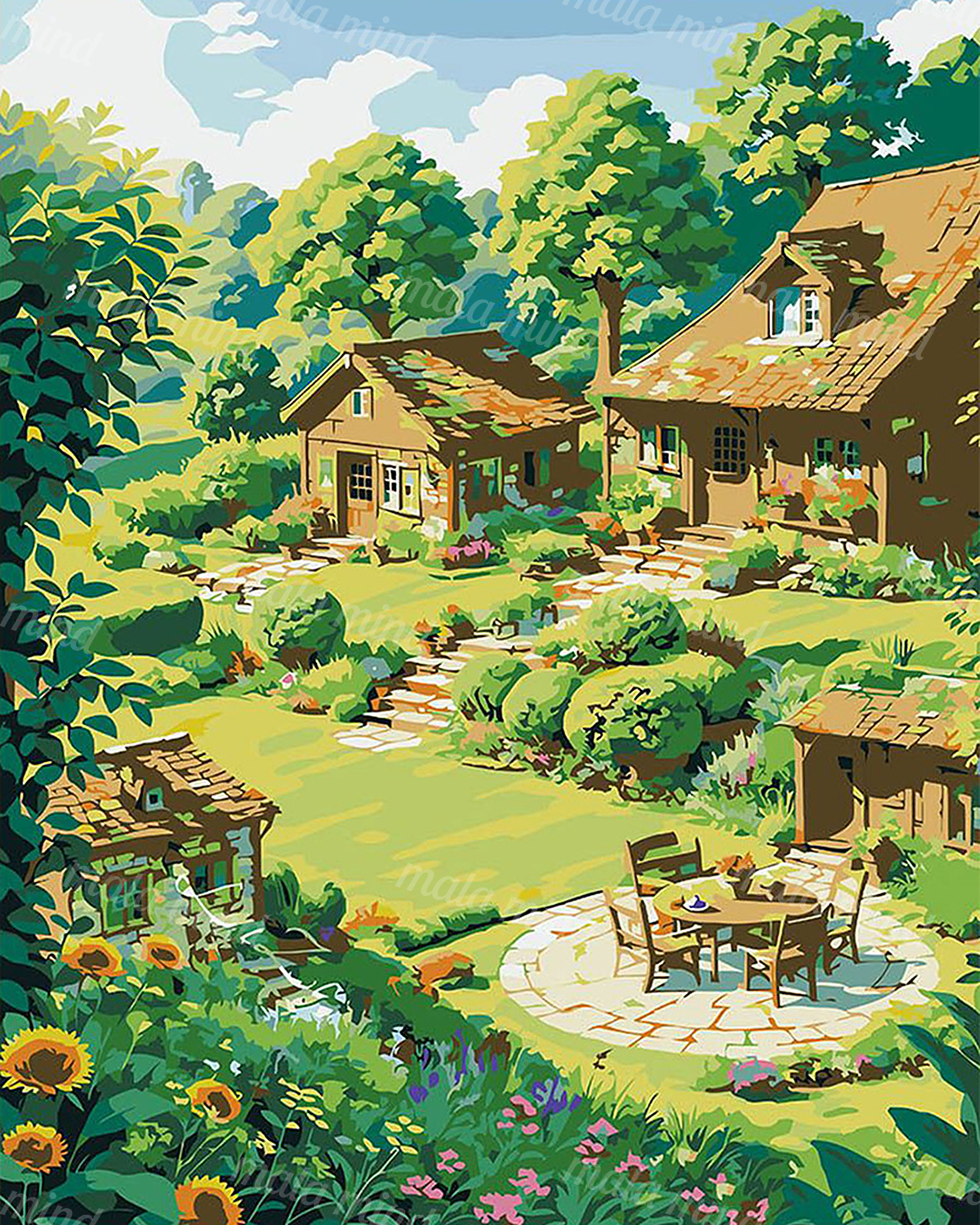 Colorful rustic cottages surrounded by a flowering garden, stone paths, sunflowers, and dense woodland trees — 02_master_artwork