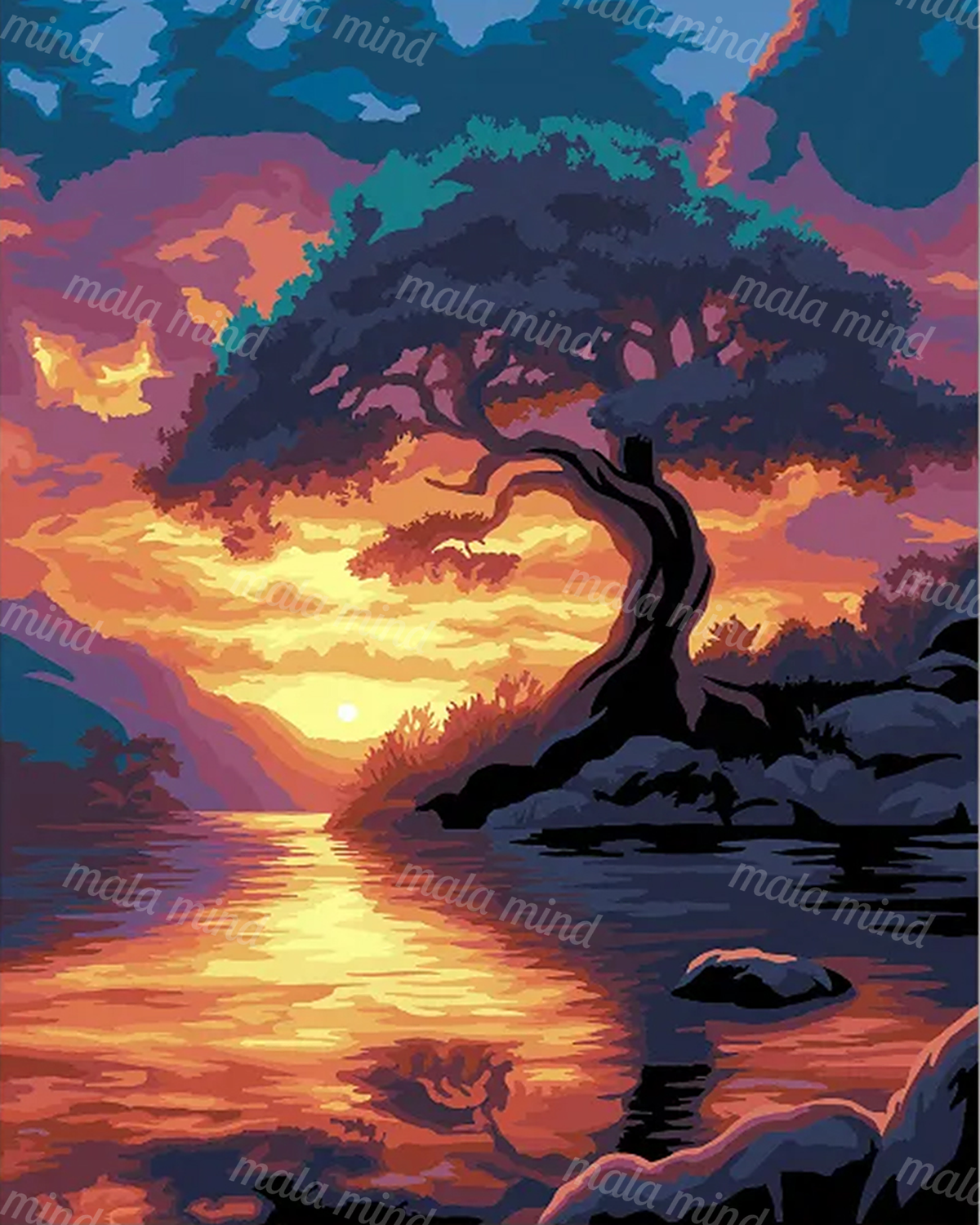 Stylized sunset lake with a twisted dark tree, wooded shoreline, rocks, clouds, and glowing water reflections. — 02_master_artwork
