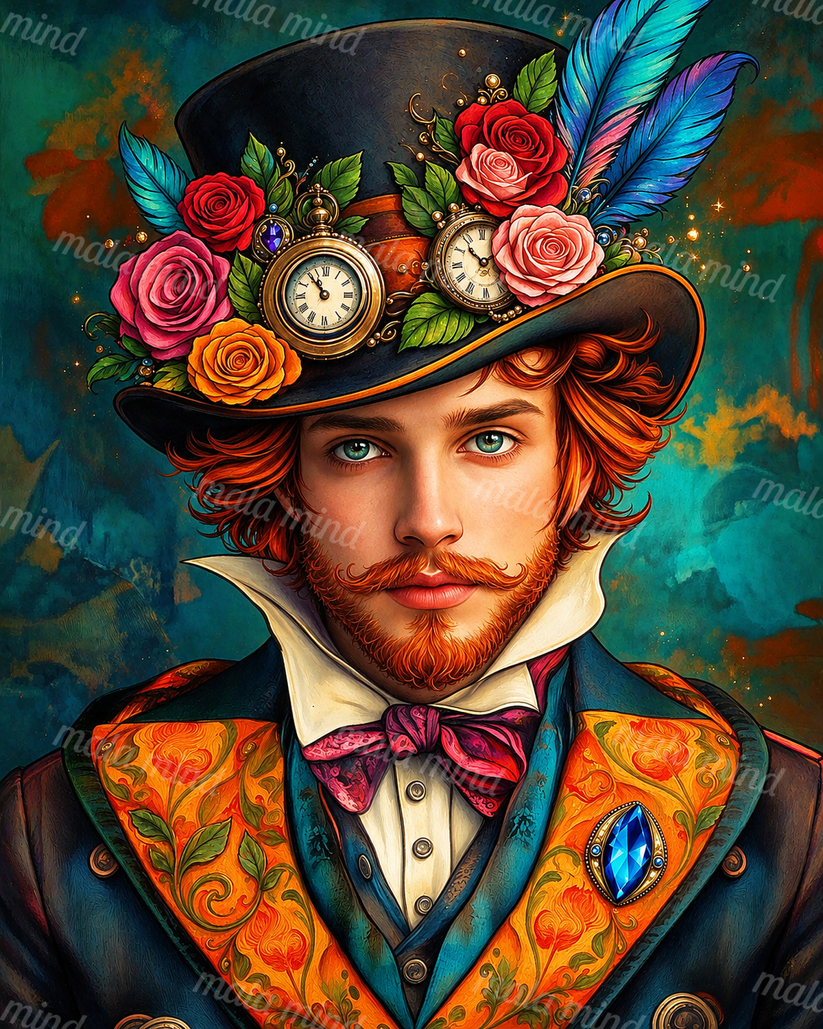 Red-haired bearded man wearing a rose-covered top hat with feathers and pocket watches — 02_master_artwork