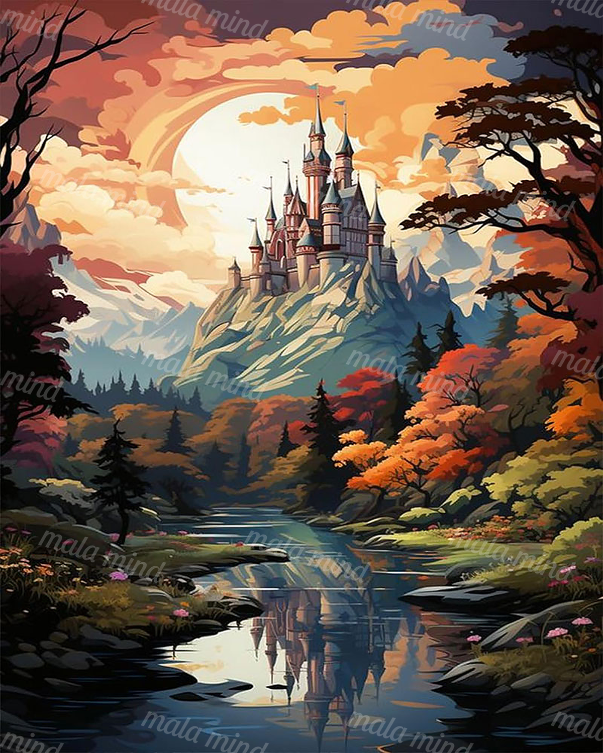 Turreted castle on a mountain above an autumn forest and reflective river at sunset — 02_master_artwork