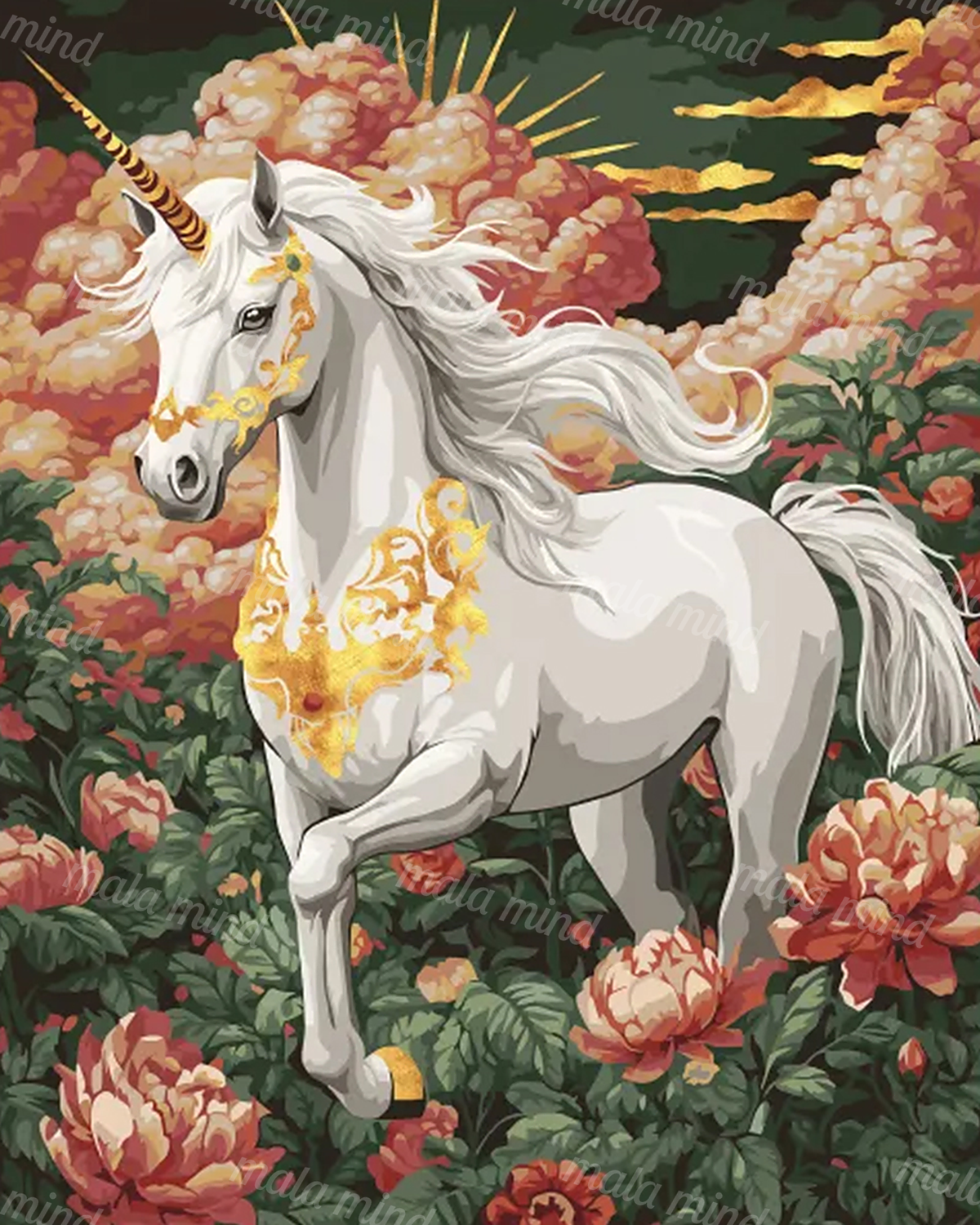 White unicorn with a flowing mane and gold markings surrounded by pink and red flowers. — 02_master_artwork