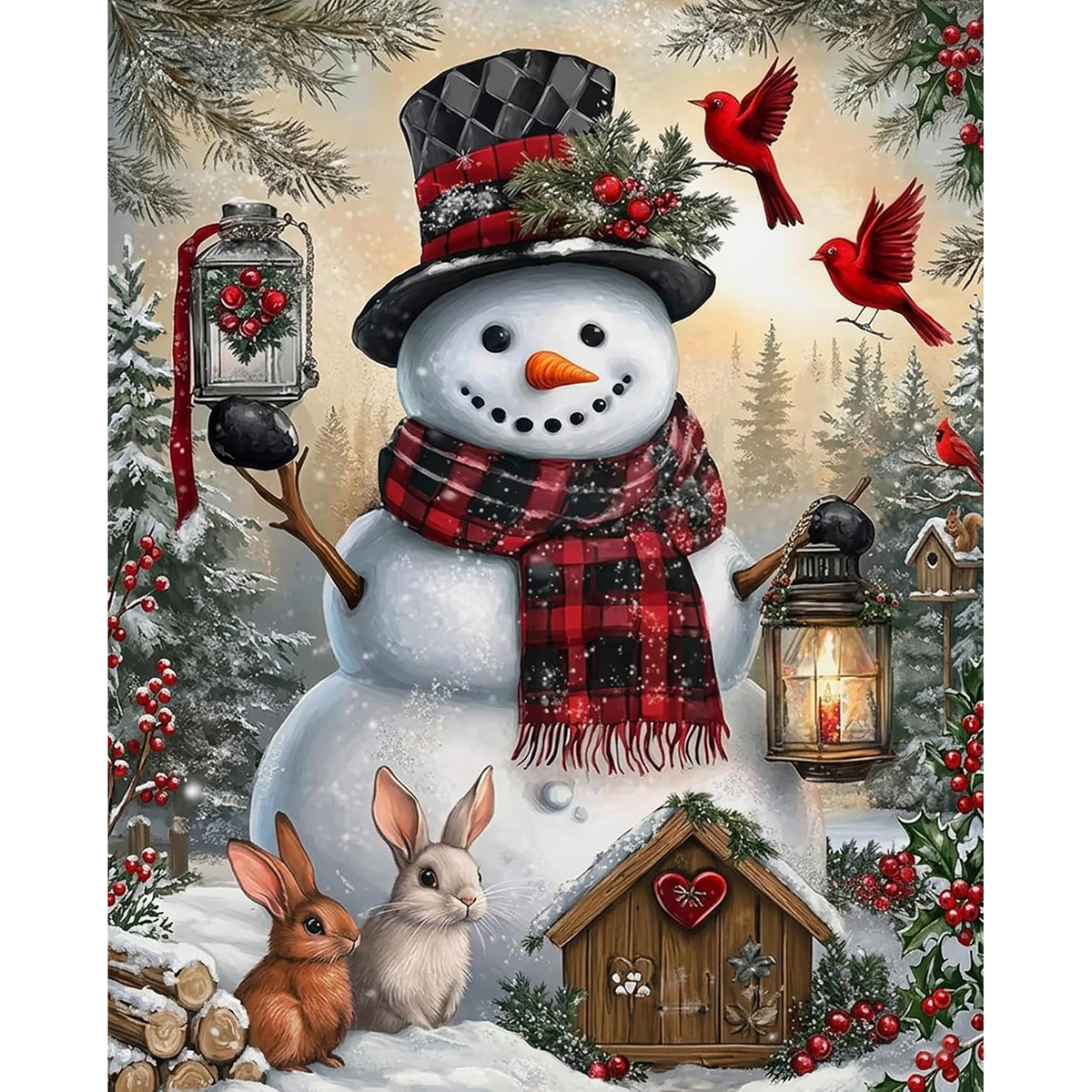 Decorated snowman with cardinals, rabbits, lanterns, holly, and a birdhouse in a snowy evergreen forest