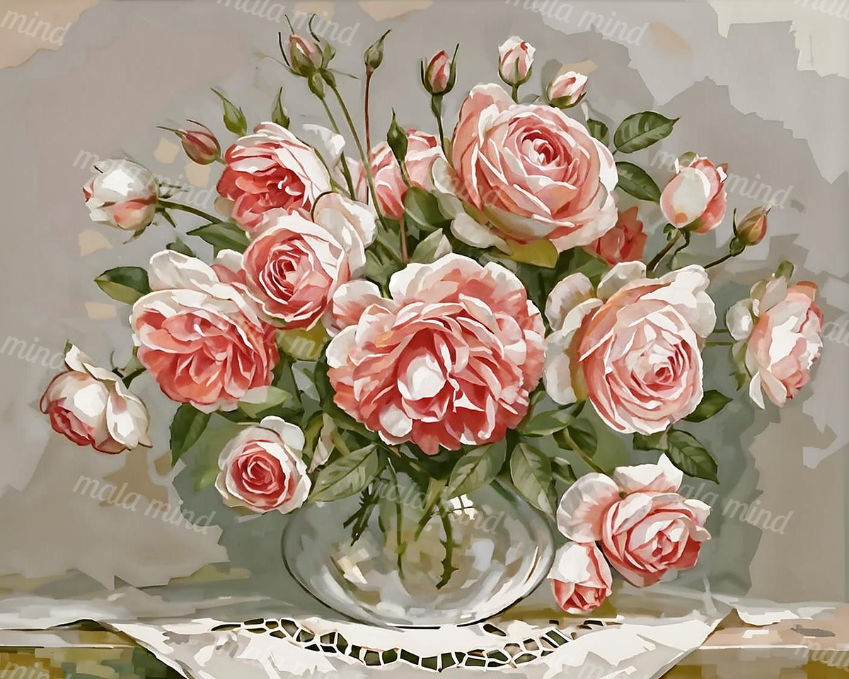 Painterly bouquet of pink and coral roses with green leaves in a glass vase on lace cloth — 02_master_artwork