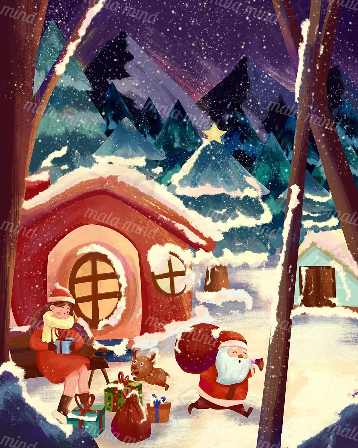 Whimsical snowy Christmas village with a girl, Santa, gifts, reindeer, and evergreen trees — 02_master_artwork