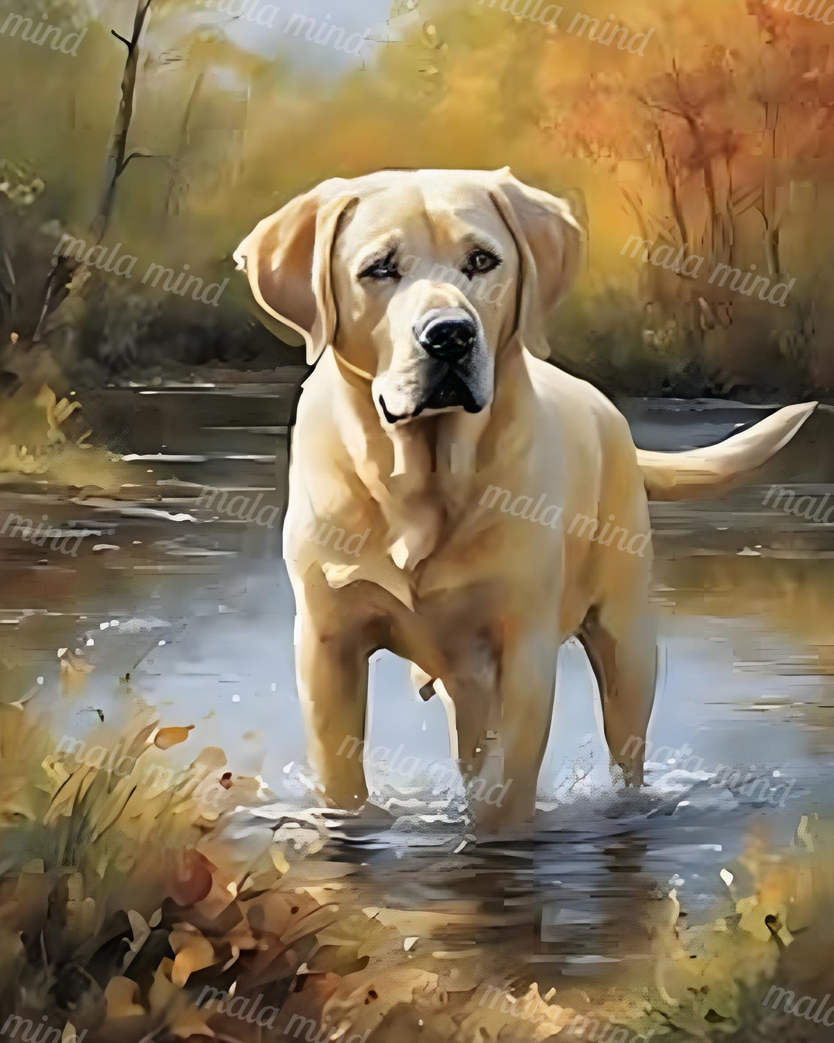 Light-colored Labrador retriever standing in shallow woodland water with trees and foliage — 02_master_artwork