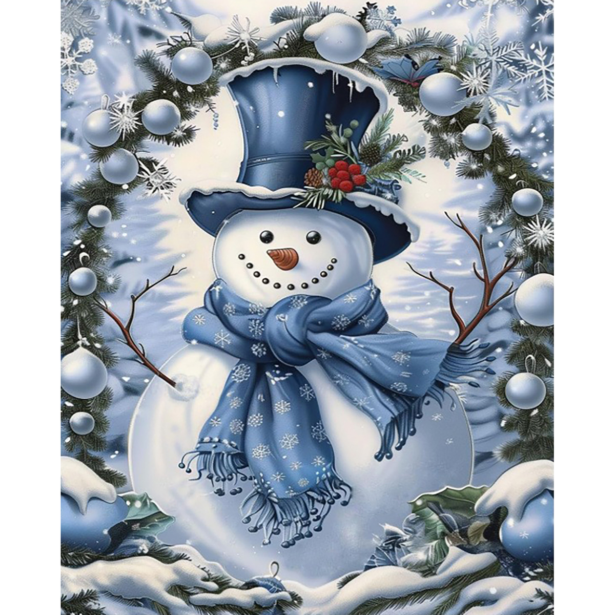 MalaMind Gallery V3 | 02 Master Artwork | CH-260921-071 | Cheerful snowman in a blue top hat and scarf framed by snowy evergreens and ornaments