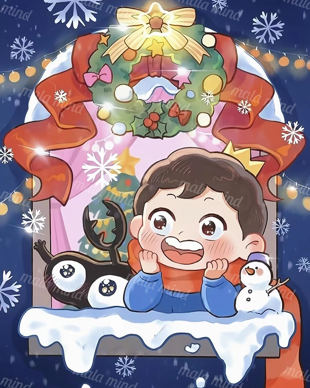 Kawaii Christmas scene with a smiling child, reindeer, snowman, wreath, lights, snowflakes, and snowy window ledge. — 02_master_artwork
