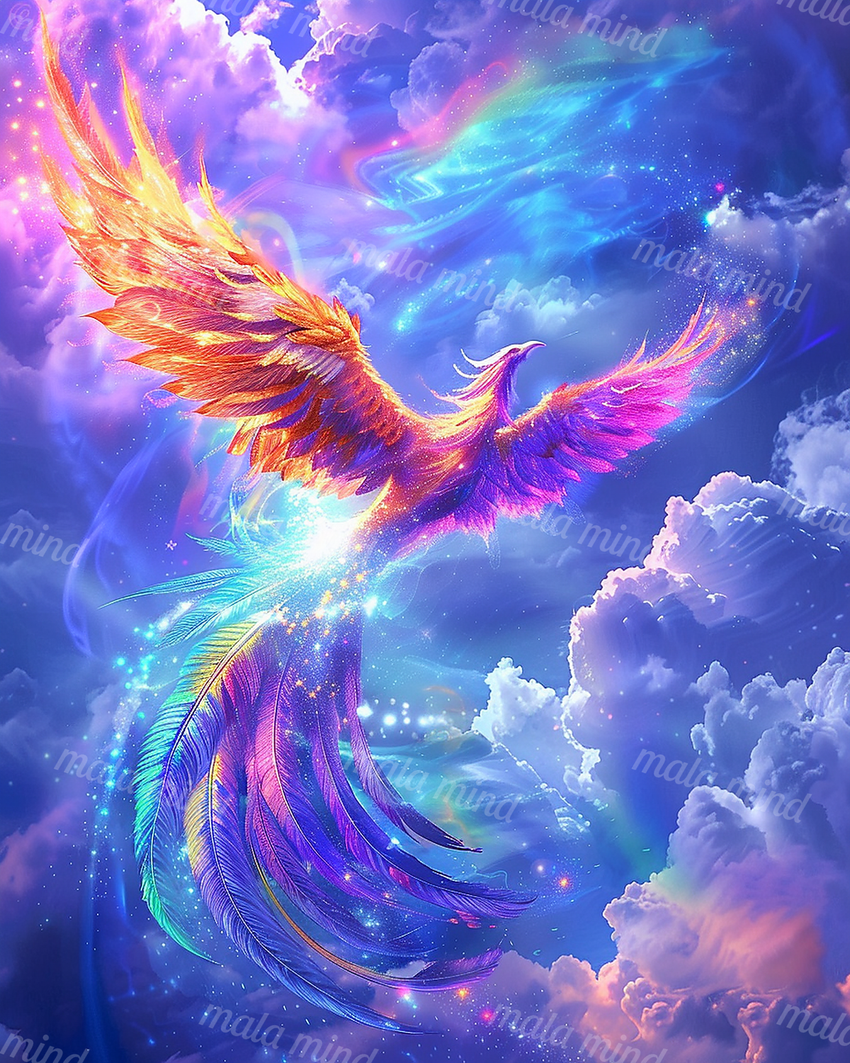 Radiant phoenix with fiery wings and long multicolored feathers rising through a violet and blue cosmic sky. — 02_master_artwork