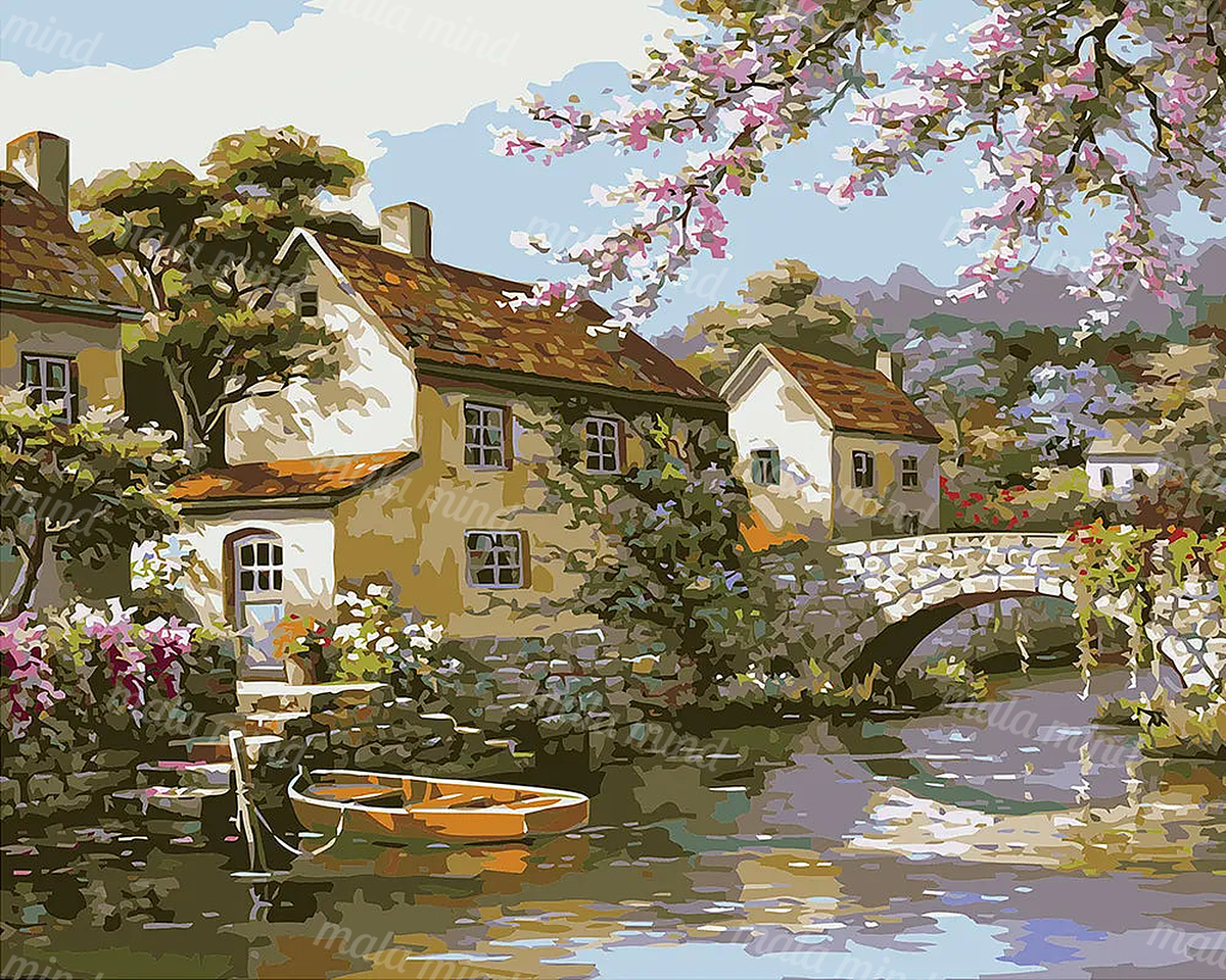 Painterly riverside village with cottages, stone bridge, rowboat, flowering trees, and reflective water — 02_master_artwork