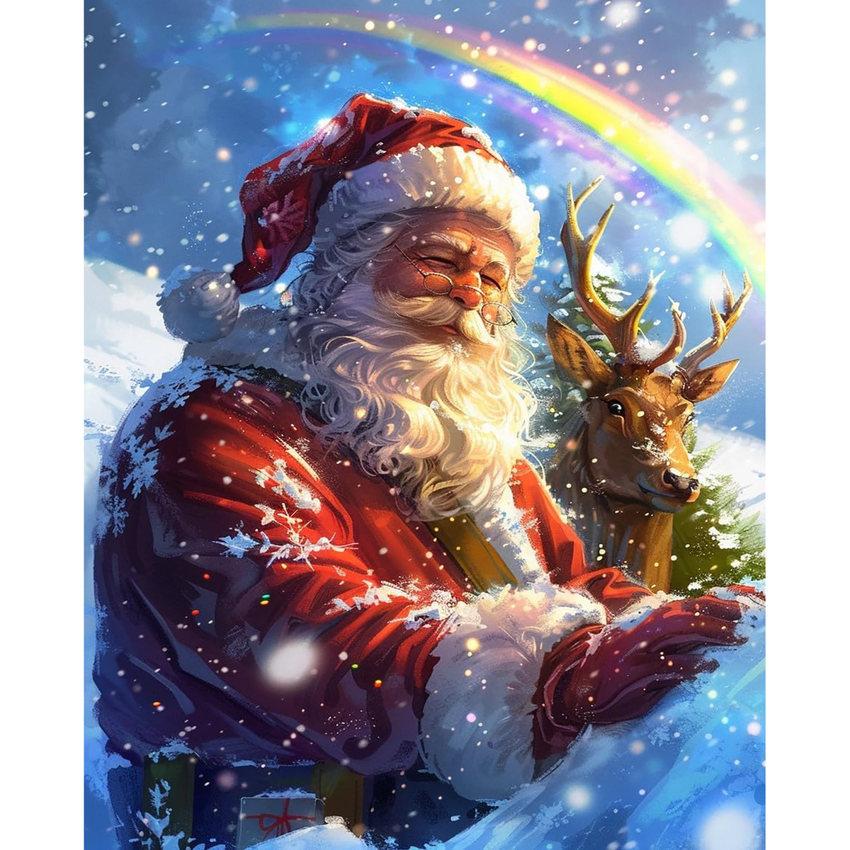 Santa in a snowy red suit beside a reindeer beneath a bright rainbow