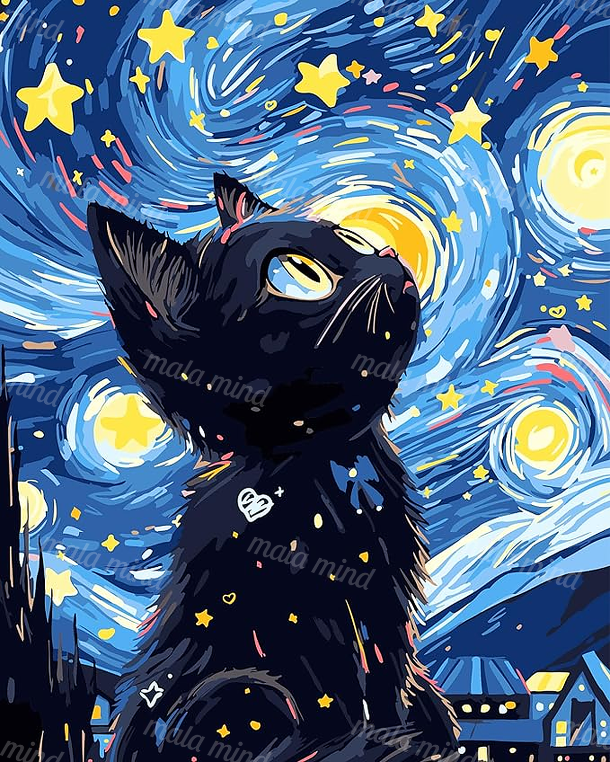 Stylized black cat gazing upward beneath a swirling blue sky filled with stars and glowing circles — 02_master_artwork