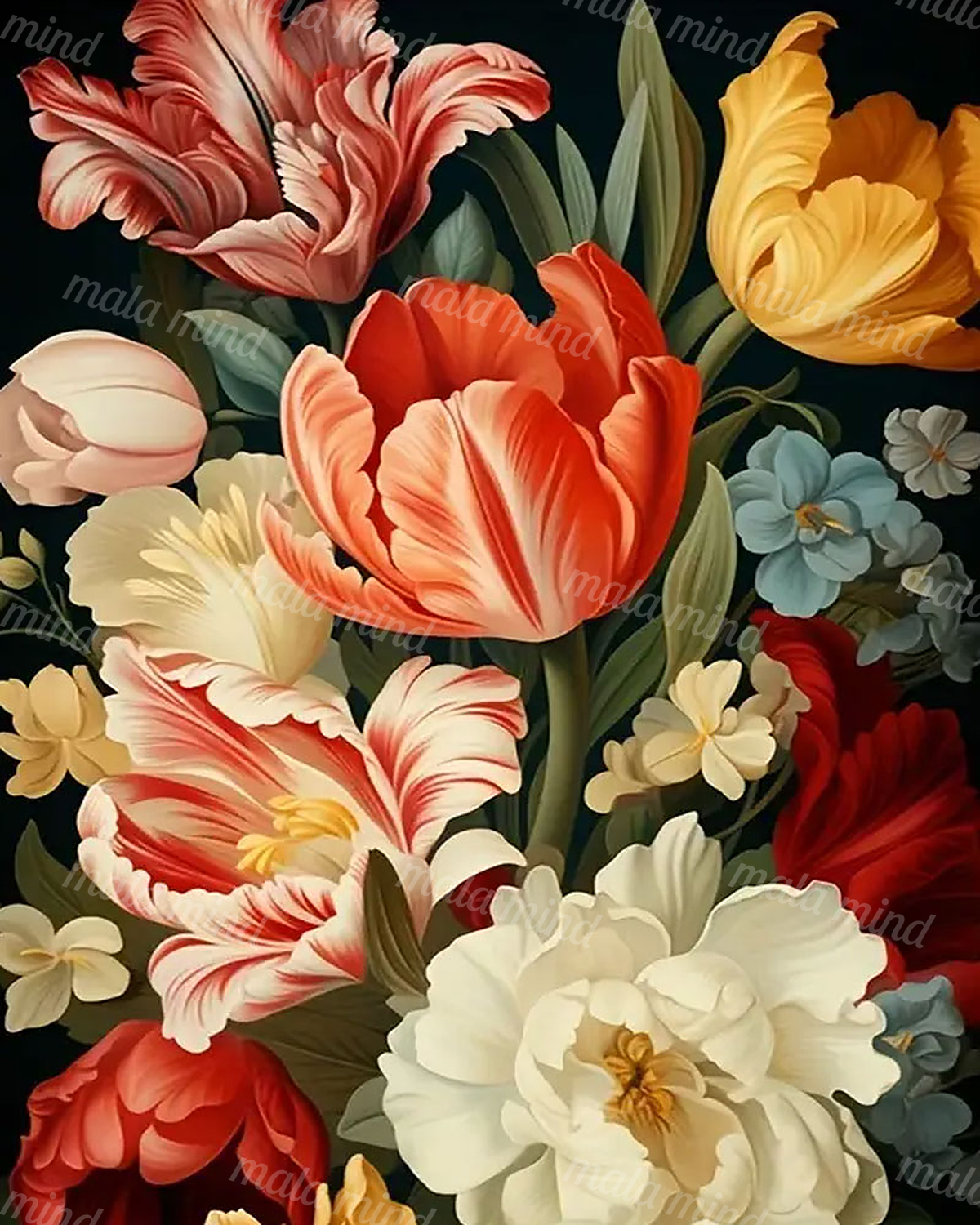 Colorful layered floral arrangement with striped red, cream, yellow, white, and blue flowers on a dark background — 02_master_artwork