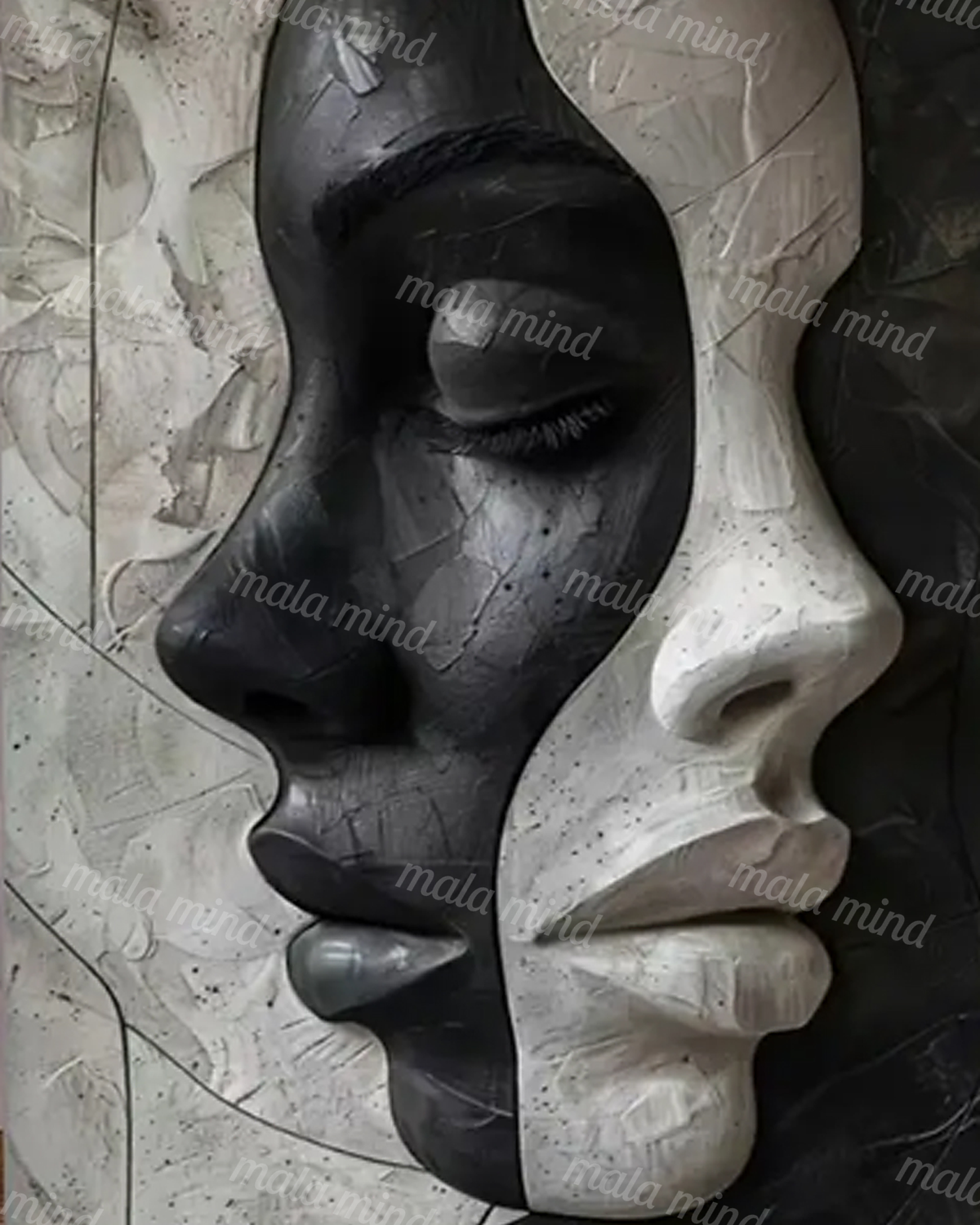 Abstract monochrome artwork showing two overlapping black and ivory human faces with closed eyes and textured skin. — 02_master_artwork