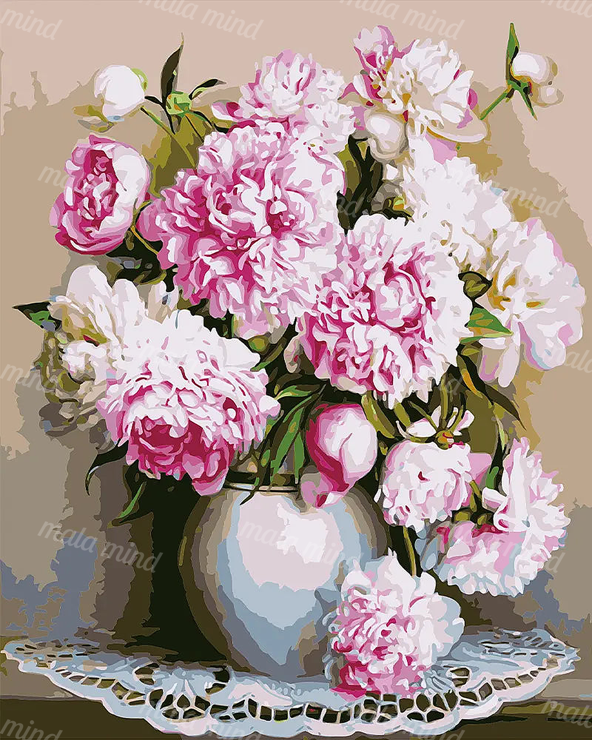 Pink and white peony bouquet in a pale blue vase on a lace doily — 02_master_artwork