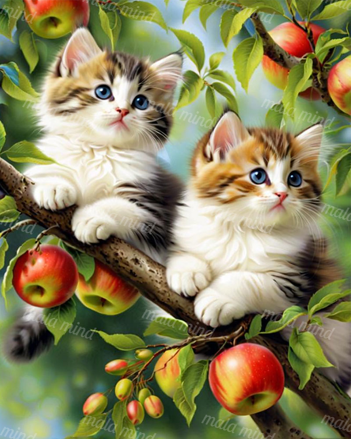 Two fluffy blue-eyed kittens sit on a branch surrounded by apples and green leaves. — 02_master_artwork