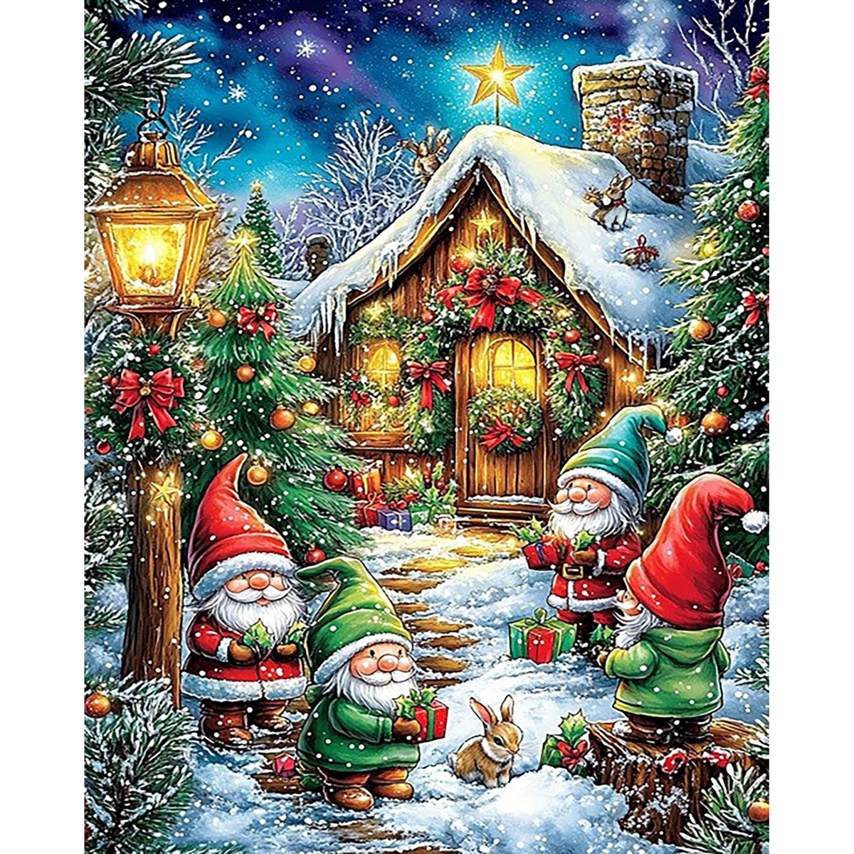 MalaMind Gallery V3 | 02 Master Artwork | CH-260922-005 | Christmas gnomes with presents outside a glowing snowy cabin among decorated evergreen trees