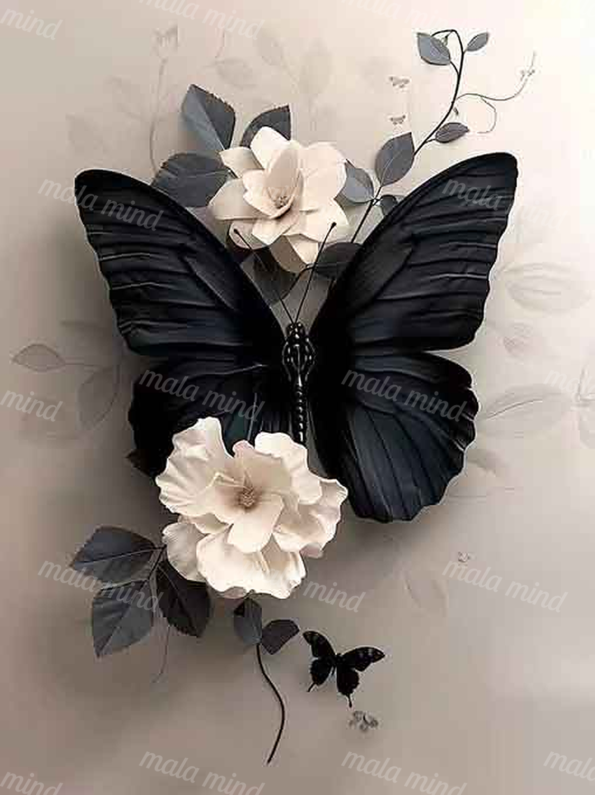 Large black butterfly with white flowers, dark leaves, and a smaller butterfly on a beige background — 02_master_artwork