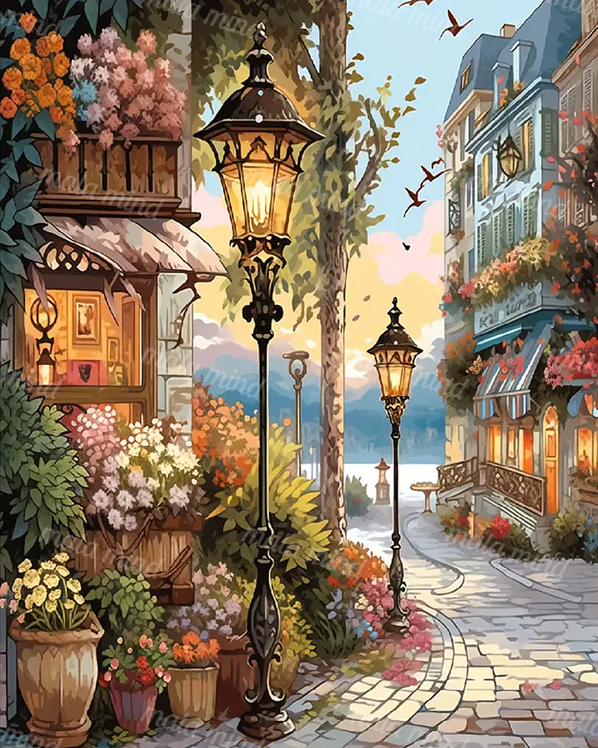 Flower-filled cobblestone street with glowing ornate lamps, buildings, trees, birds, and distant blue hills — 02_master_artwork