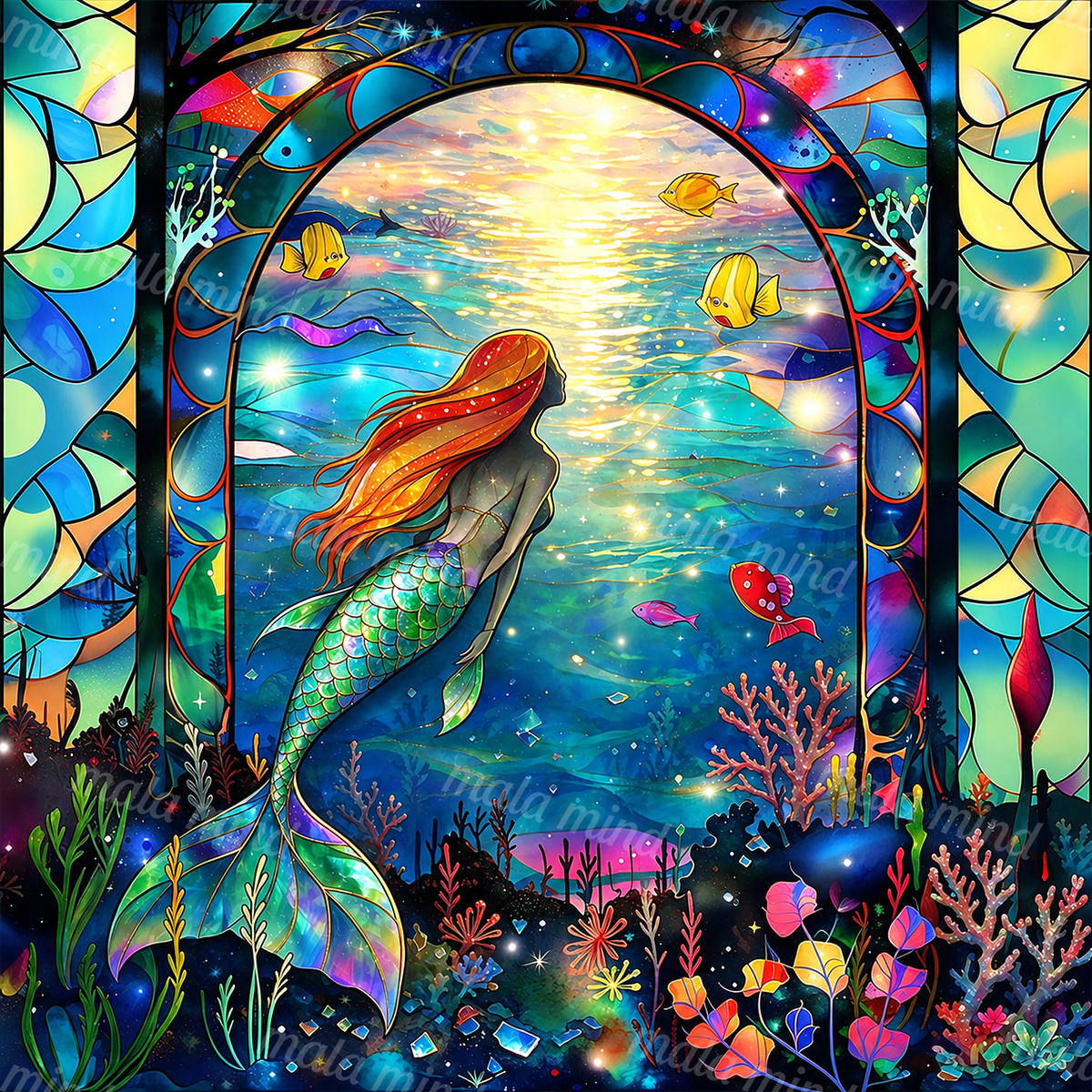 Red-haired mermaid with a green tail swimming through a colorful stained-glass coral reef scene — 02_master_artwork