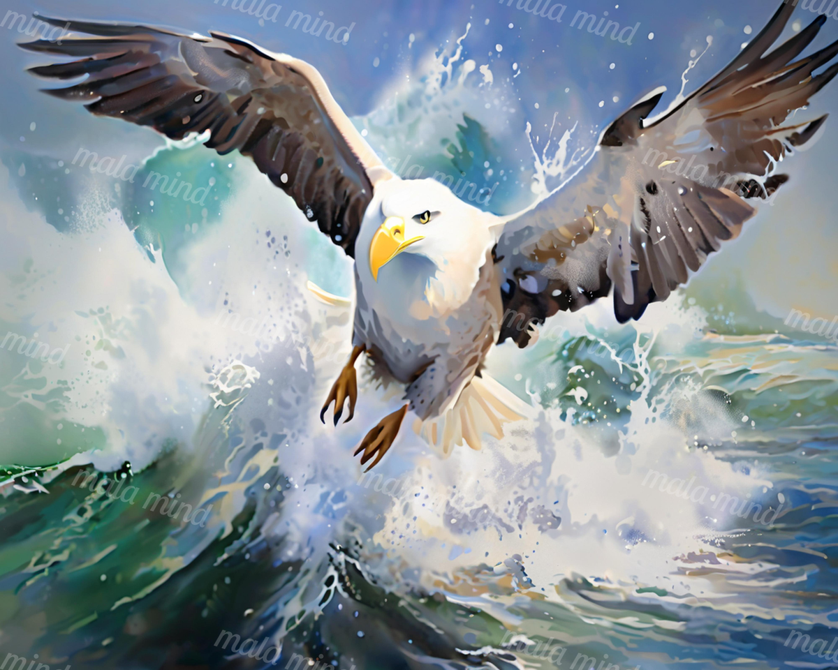 Bald eagle with outstretched wings flying above foaming ocean waves and splashing water — 02_master_artwork