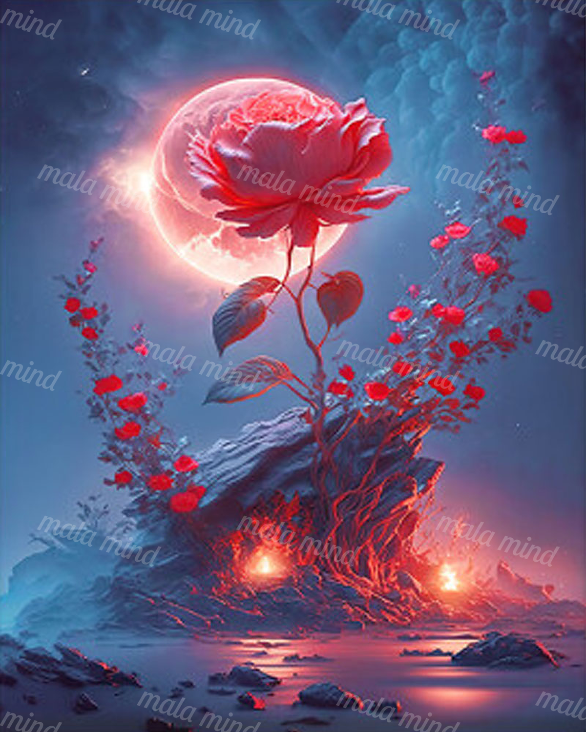 Giant red rose before a full moon, surrounded by vines above glowing rocks and reflective water — 02_master_artwork