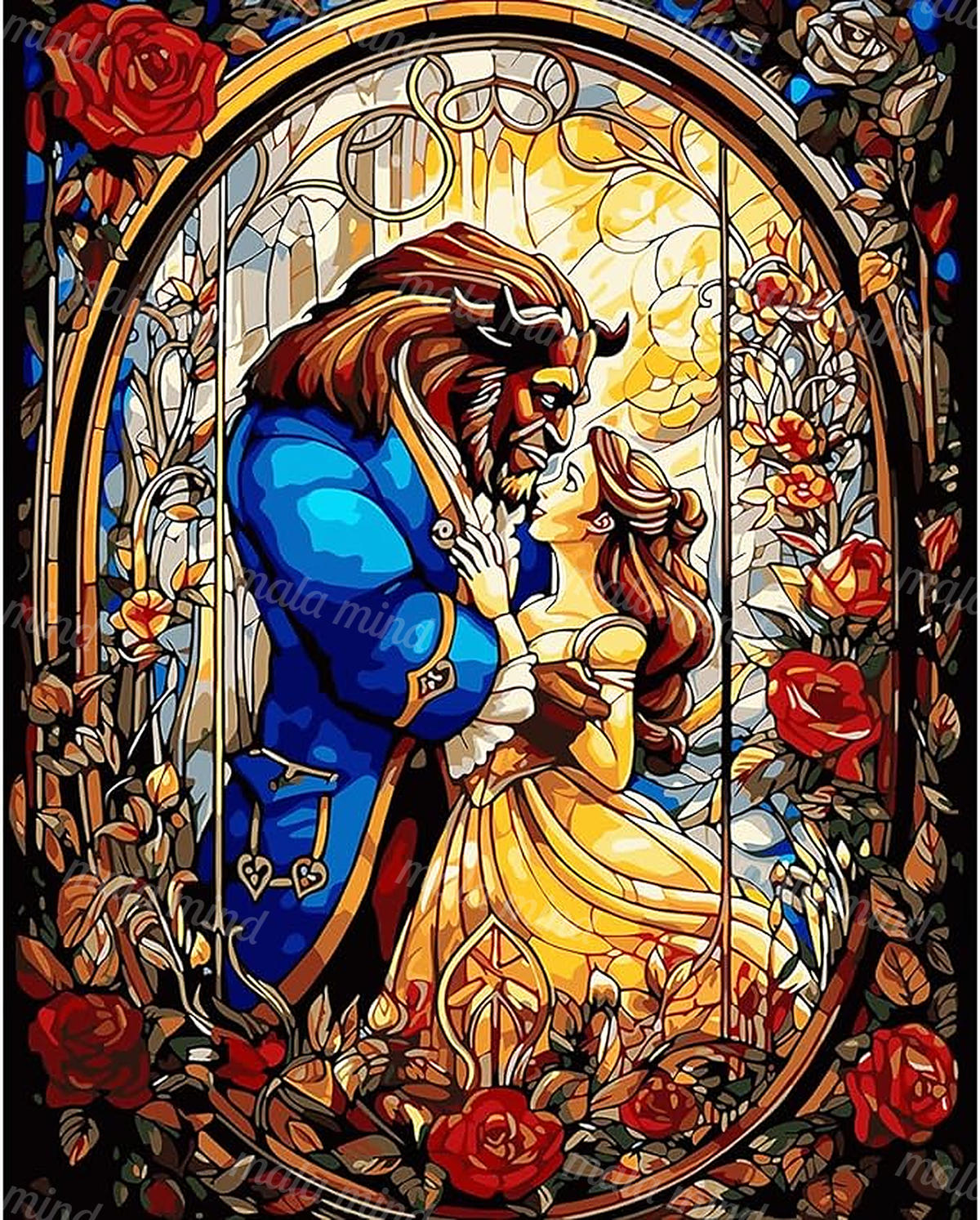 Horned man and woman embracing inside a rose-framed stained-glass window — 02_master_artwork