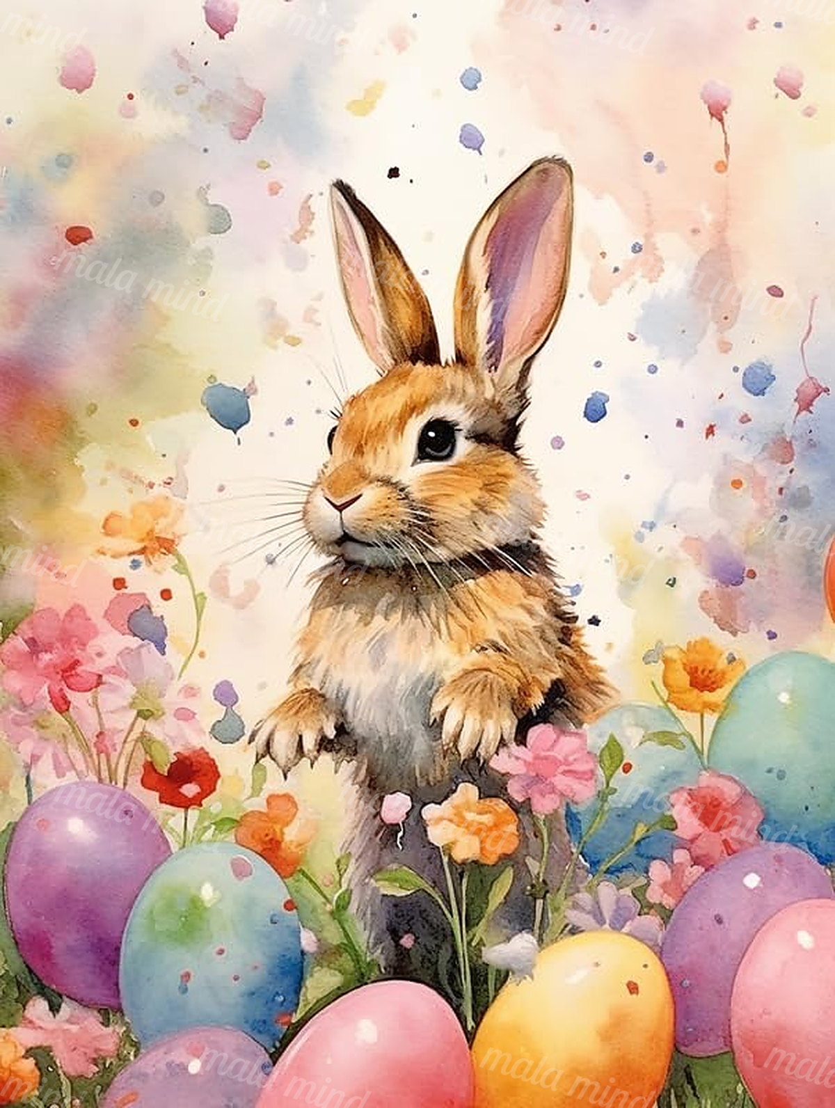 Watercolor rabbit surrounded by spring flowers and colorful pastel Easter eggs — 02_master_artwork